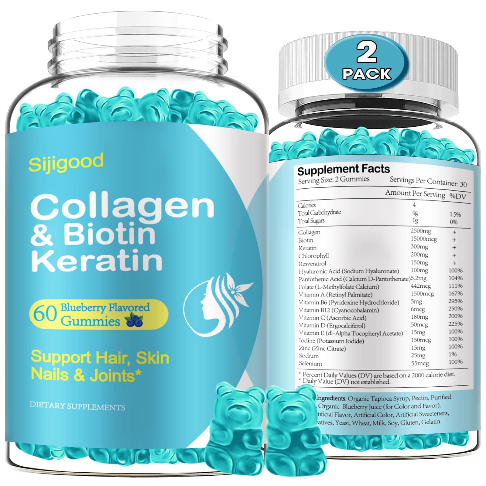 2 Pack Biotin Gummies with Collagen, Keratin, Hyaluronic Acid, Vitamin for Skin, Hair Growth, Nails, Women Men Adults Kids - Blueberry Flavored, 120 Gummies