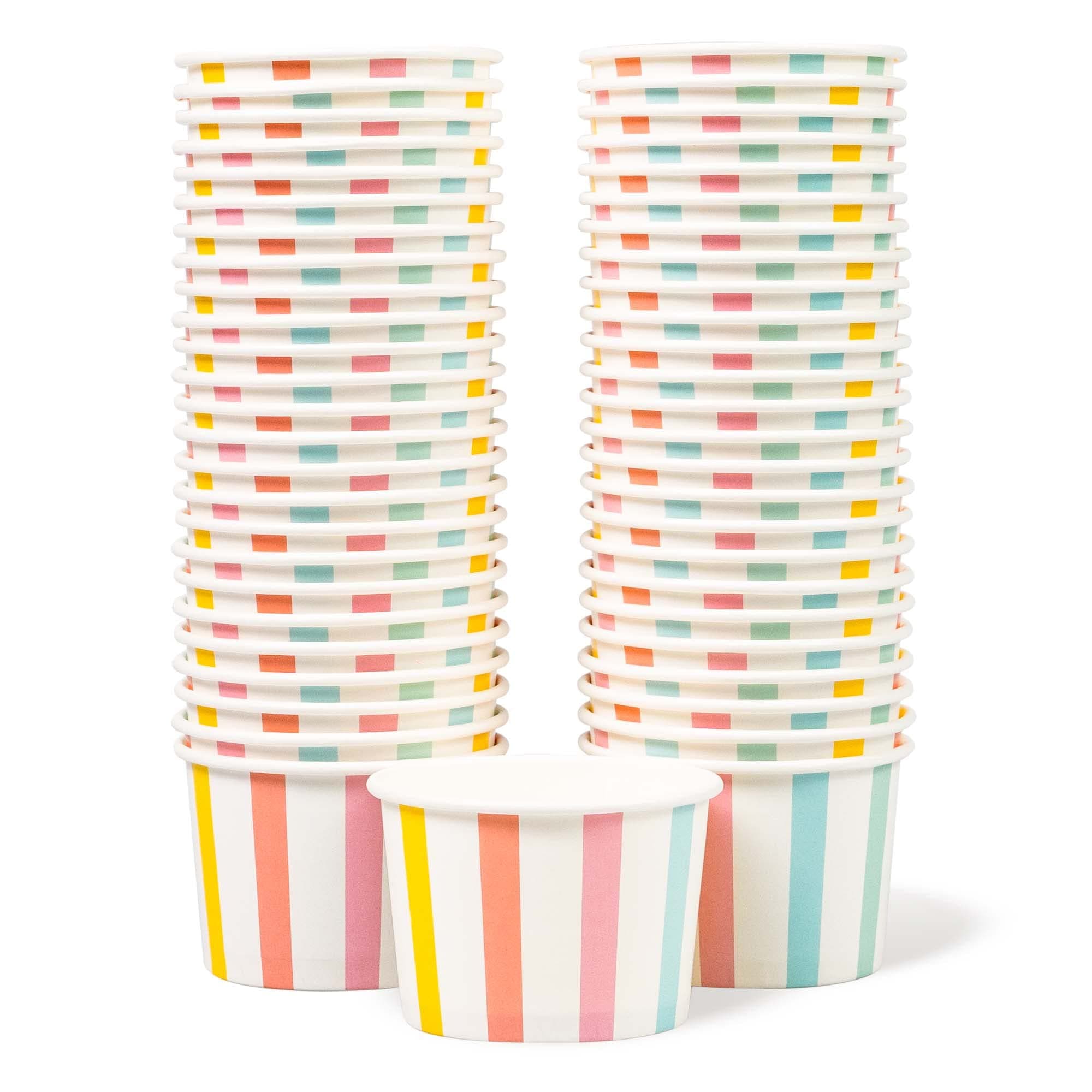 MATICAN Paper Ice Cream Cups - 50-Count 4-Oz Disposable Dessert Bowls for Hot or Cold Food, 4-Ounce Party Supplies Treat Cups for Sundae, Frozen Yogurt, Soup, Pastel Stripes