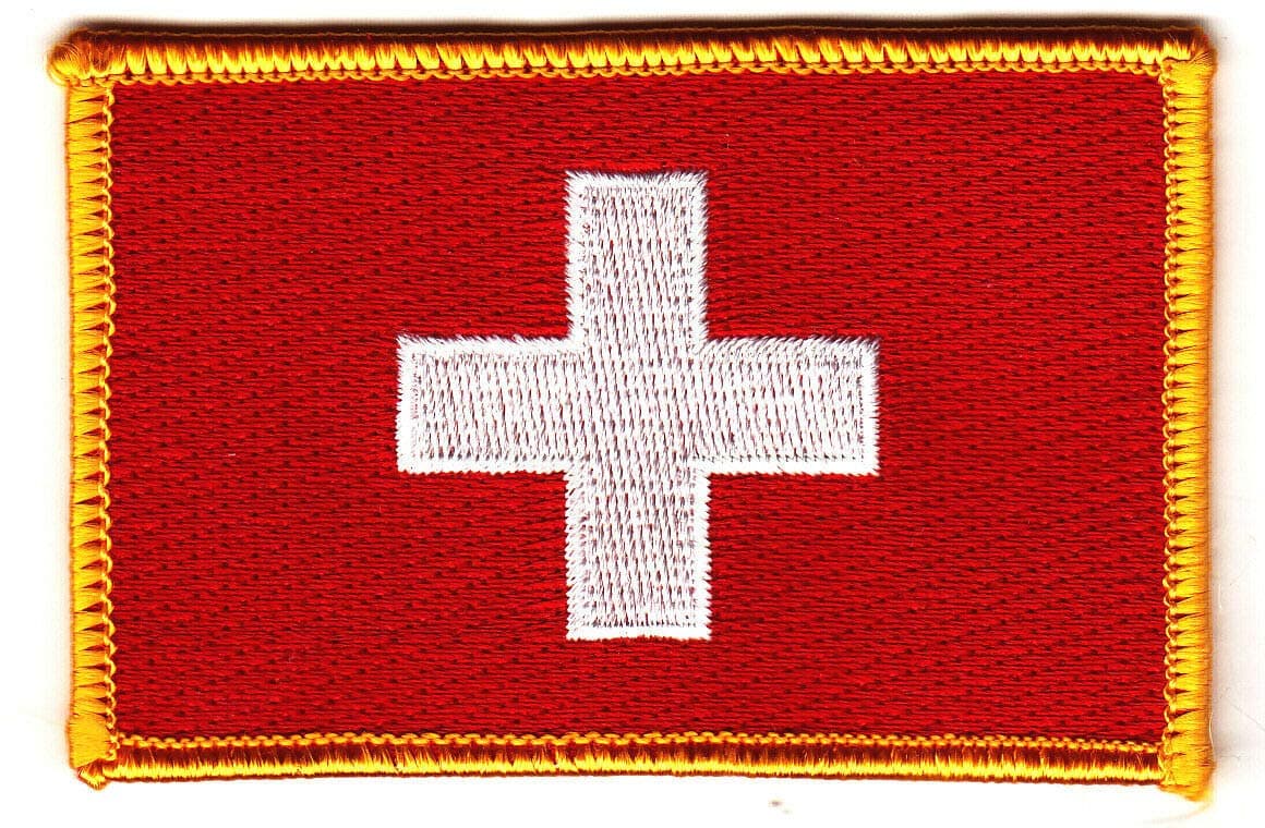 SWITZERLAND FLAG w/GOLD BORDER, Swiss Cross/Iron On Embroidered Patch,Swiss Flag