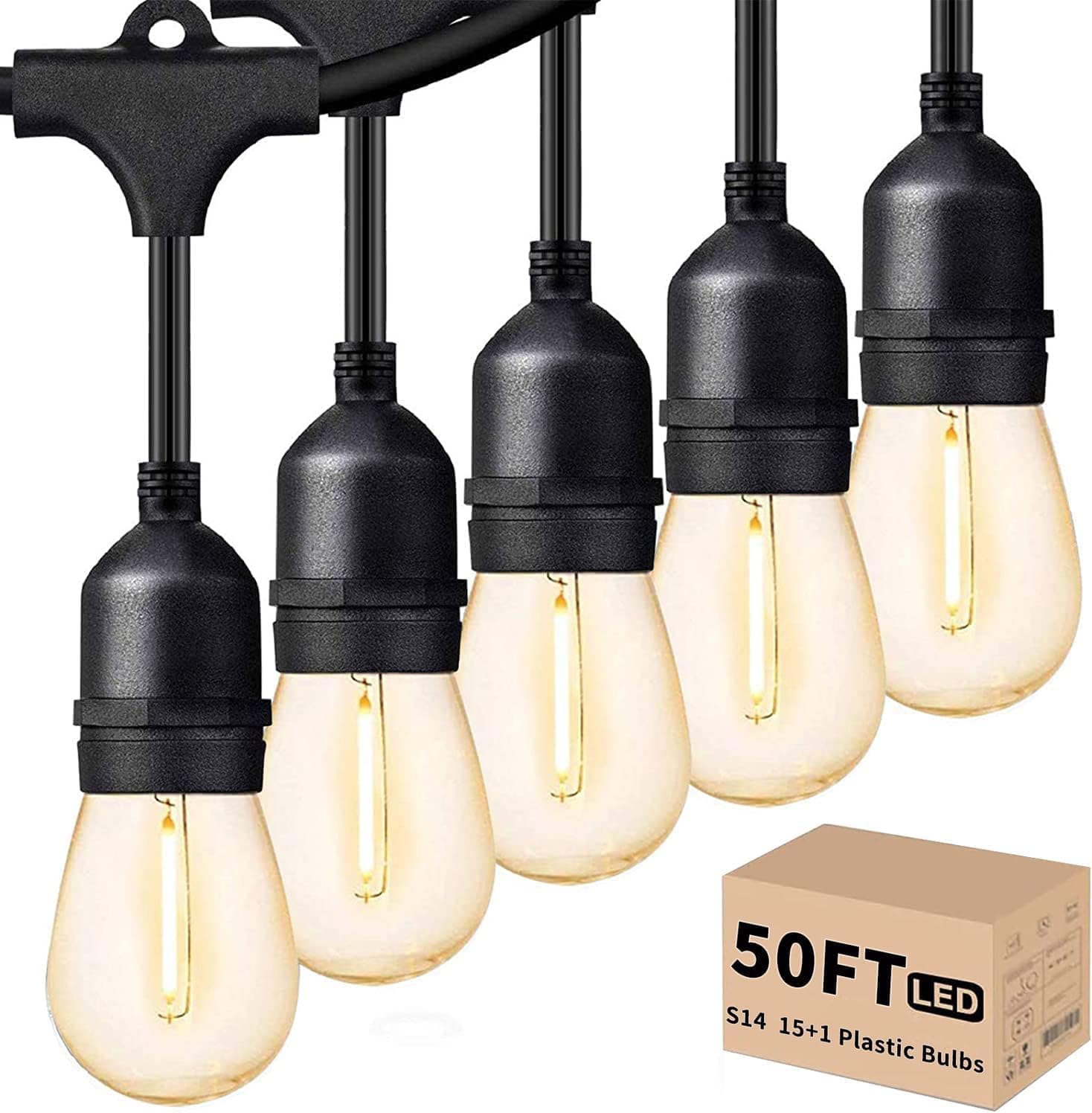 Outdoor Led String Lights 50FT, Patio Lights with 16pcs S14 Shatterproof Bulbs, 1 Watt E26 Dimmable 2700K Warm White, IP65 Waterproof, Commercial Grade Light
