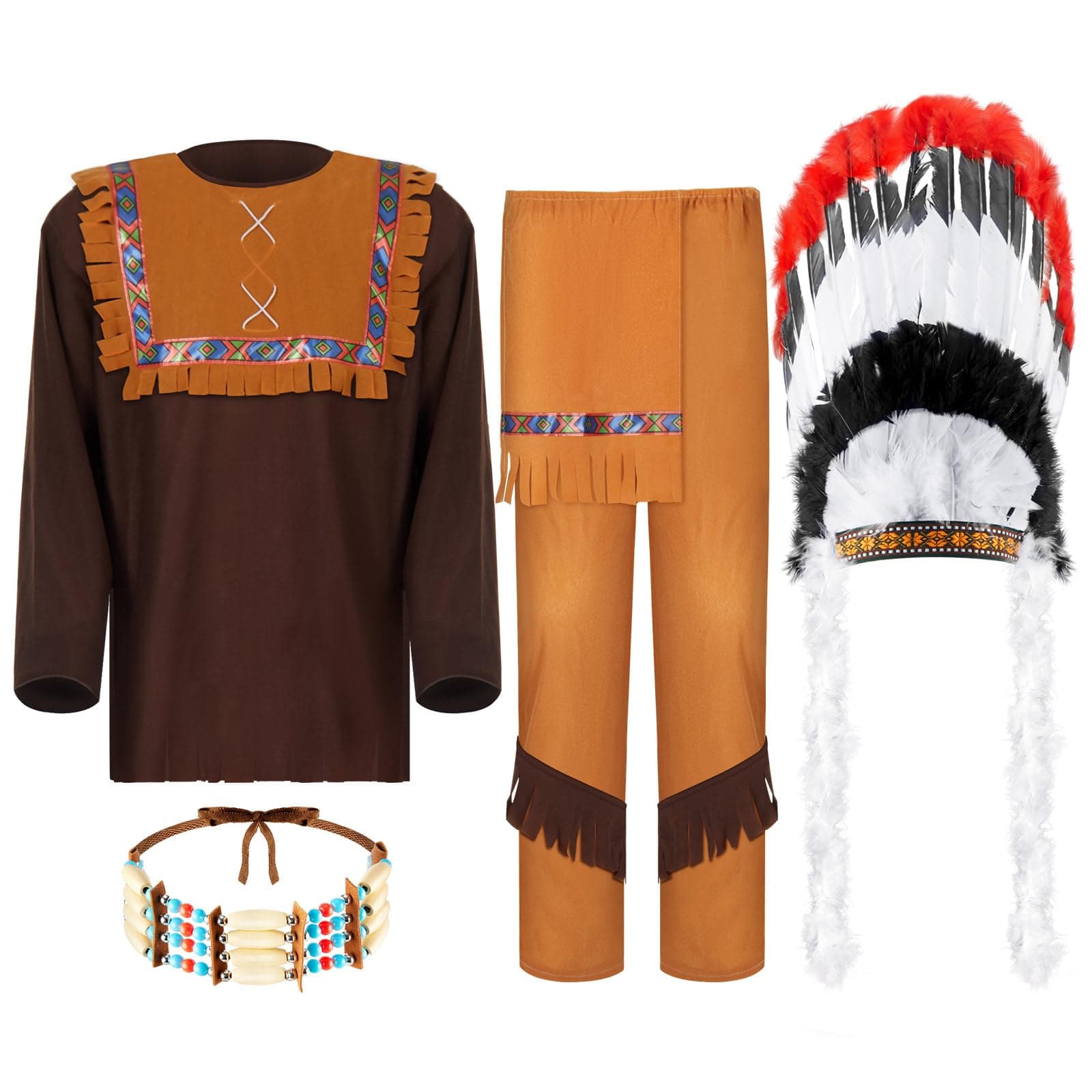 Retisee 4 Pcs Native American Costume Indian Costume Accessories Includes Choker Necklace Native American Headdress Adult Costume for Men Role Play