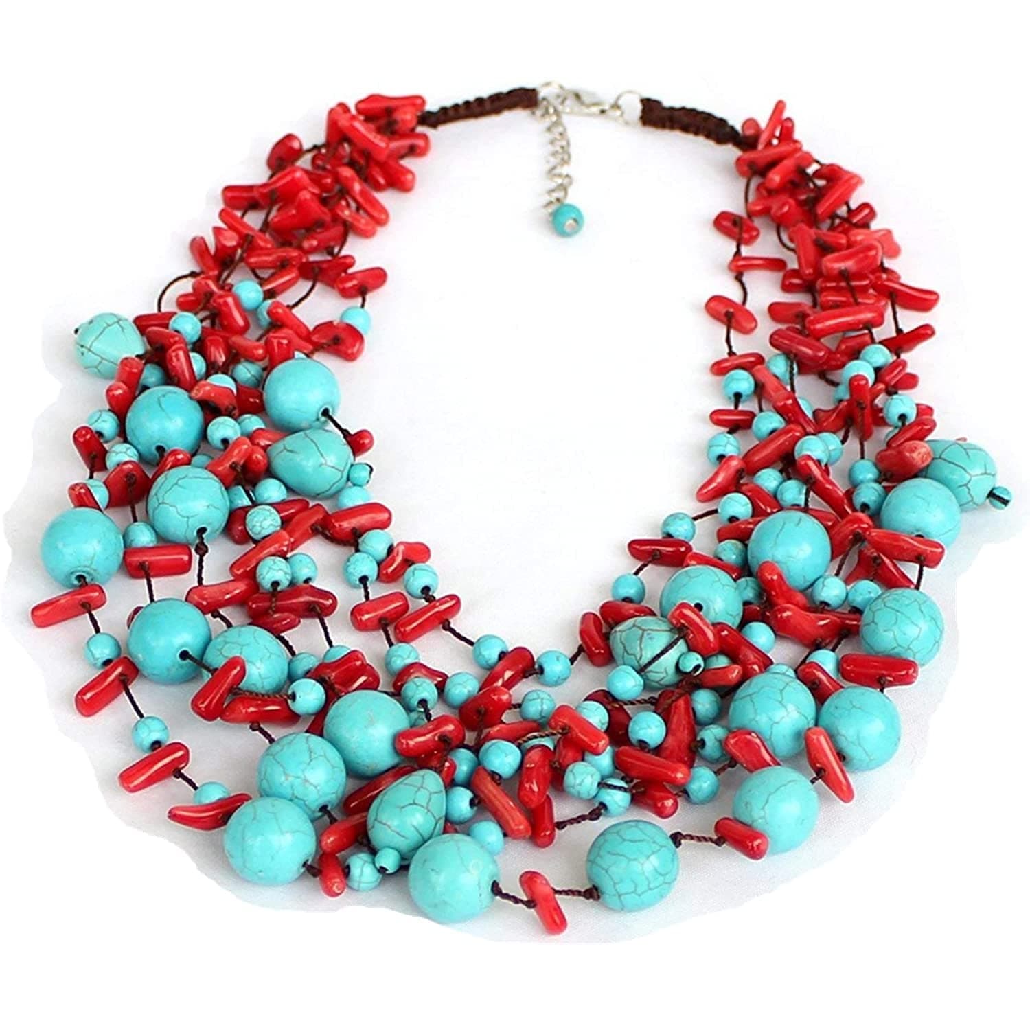 Multilayer Hand-Woven Blue Turquoise Stone Beaded Coral Beads Flower Necklace Statement Necklace Bib Necklace