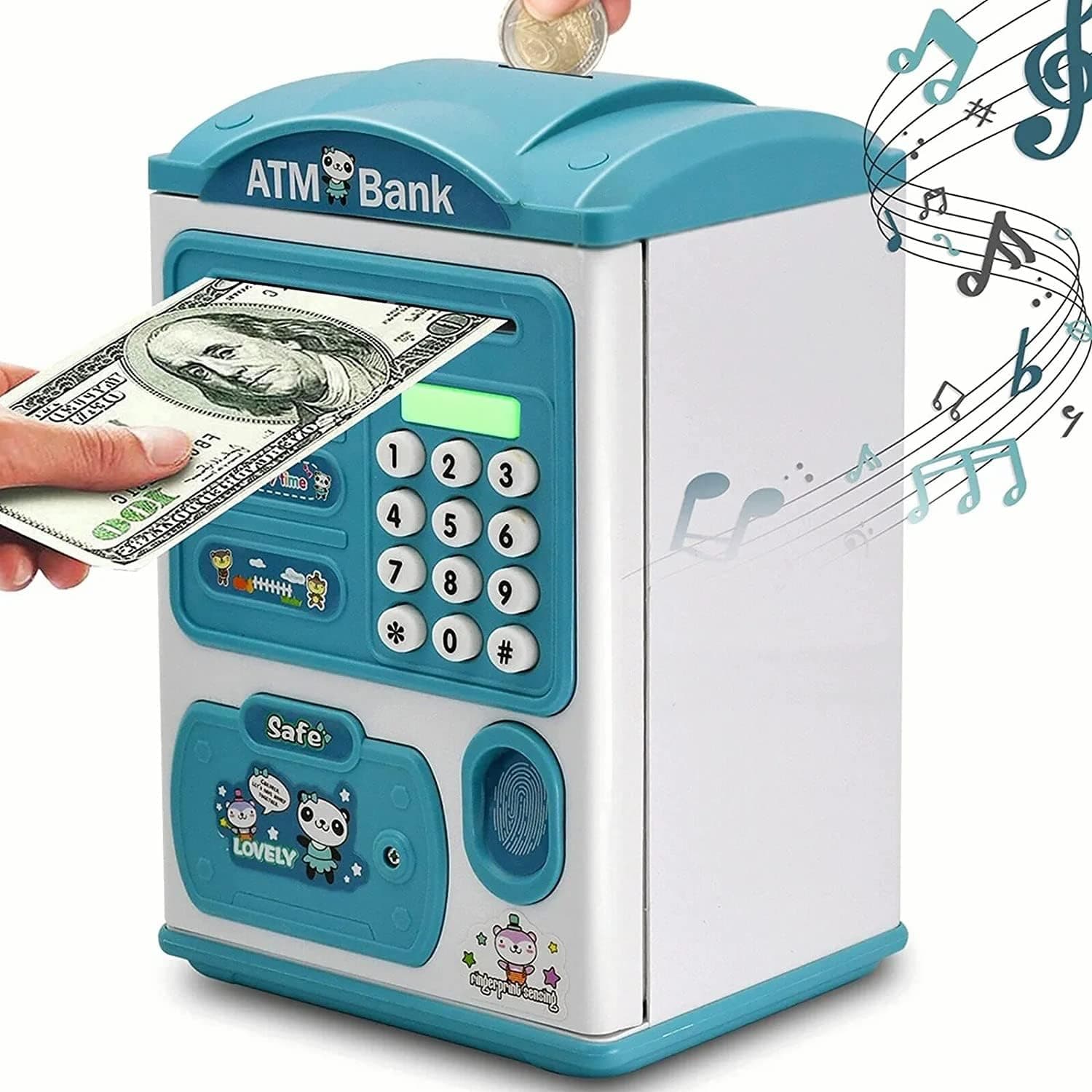 AMERTEER Electronic ATM Piggy Banks for Kids, Money Bank with Fingerprint & Password Protection, Automatic Paper Money Scroll Saving Box, Great Christmas Birthday Gift for Boys Girls (Blue)