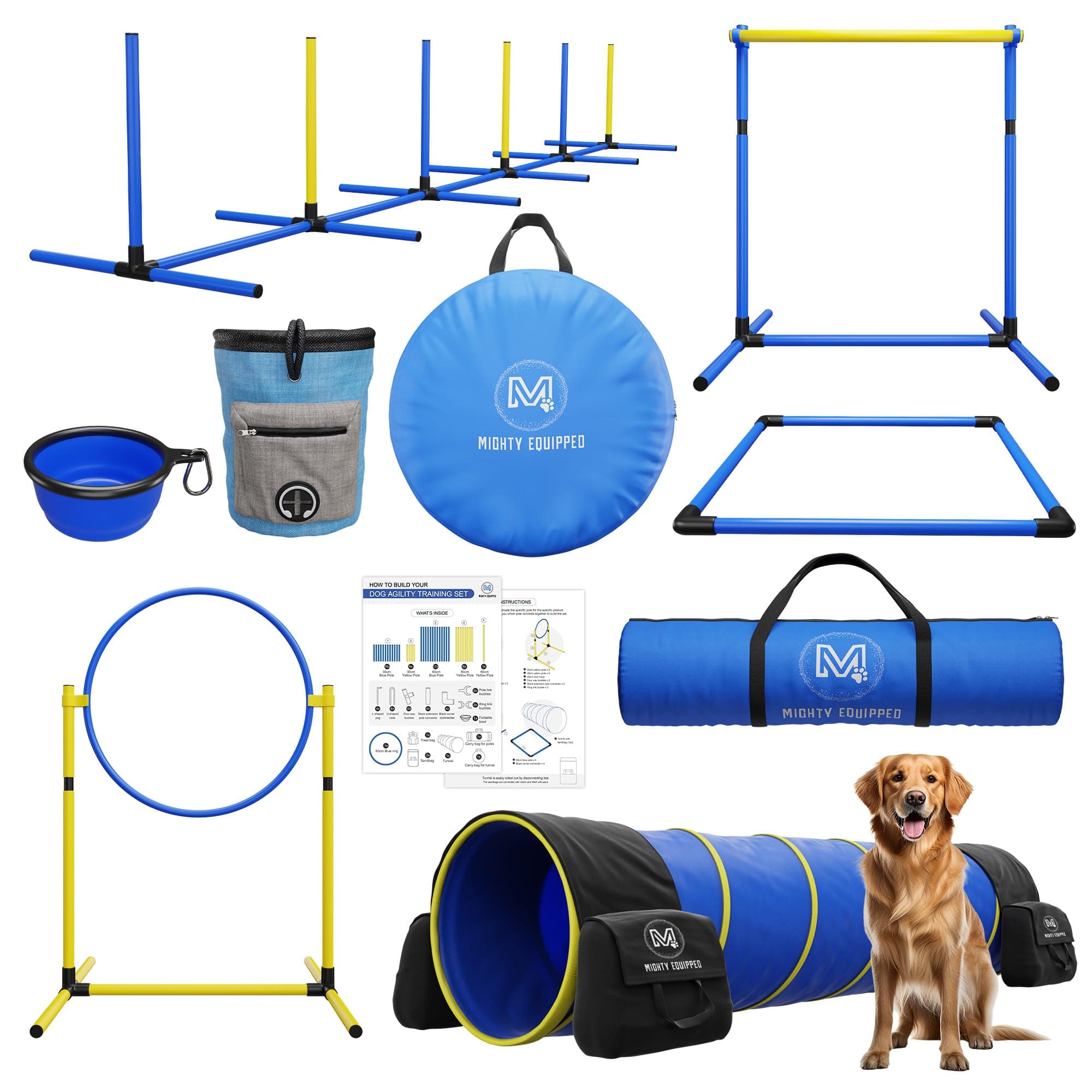 Dog Agility Equipment - Portable Dog Agility Course Backyard Set with 9ft Dog Tunnel, Weave Poles, Hoop Dog Jumps, Collapsible Water Bowl & More - Dog Training Kit for Indoor & Outdoor