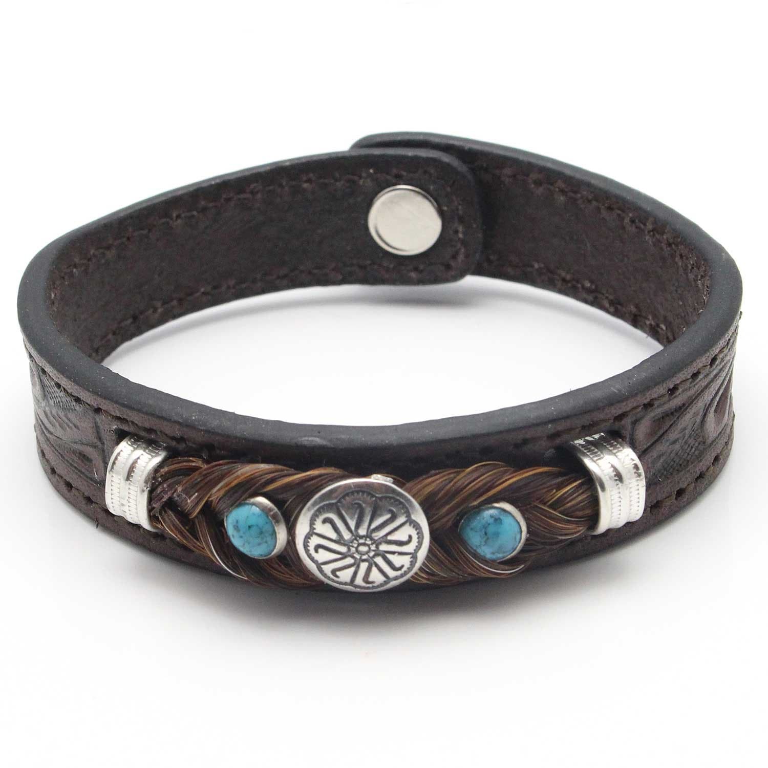 Cowboy Collectibles Hand Tooled Western Style Leather Bracelet Featuring Brown Horse Hair & Metal Concho