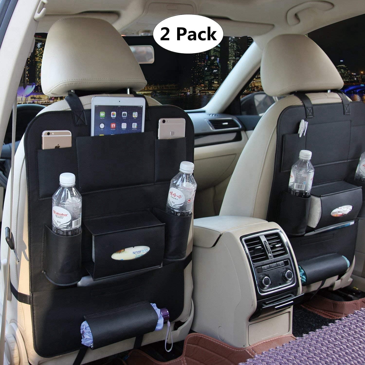 HCMAX 2 Pack Car Seat Back Organizer Pocket Backseat Protector Storage Kick Mat Ipad Mini Holder iPhone Cup Holder Umbrella Tissue Box Great Travel Accessory PU Leather Black