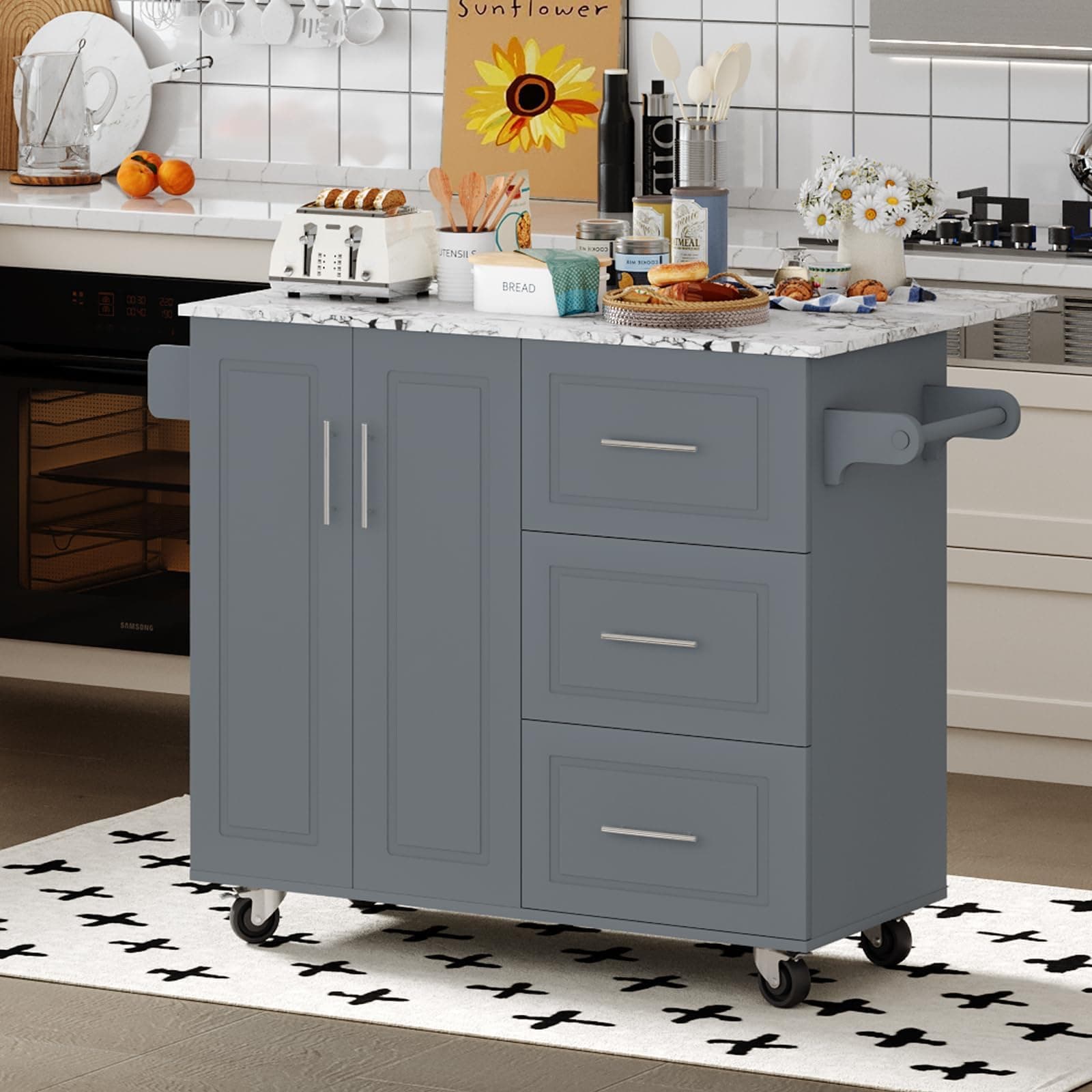 4 EVER WINNER Kitchen Island on Wheels with Storage and Drop Leaf, Marble Tabletop, 43" Kitchen Island Cart with Towel Rack & Spice Rack, Rolling Islands cart for Kitchen, Gray