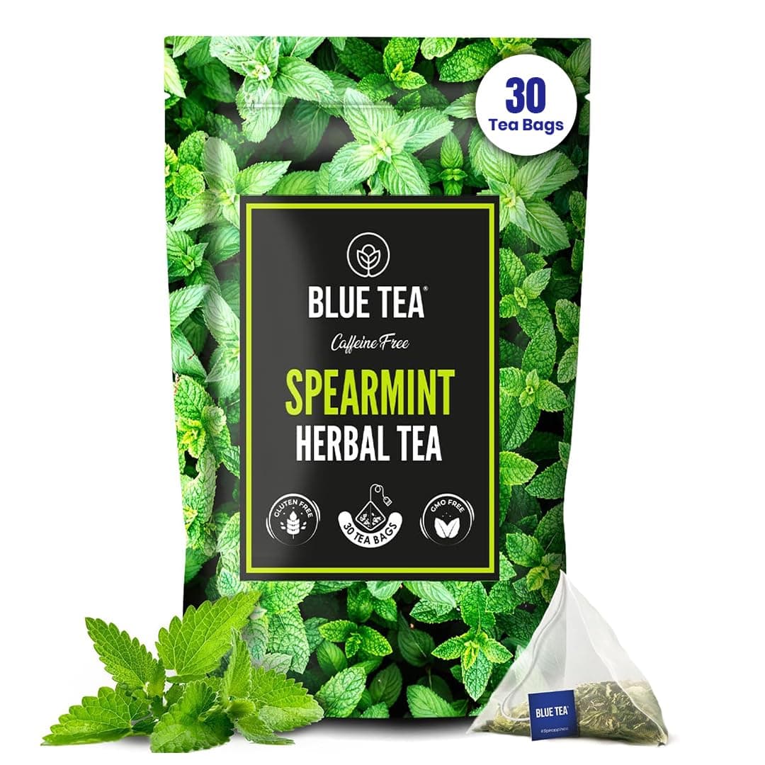 BLUE TEA - Spearmint Herbal Tea - 30 Pyramid Tea Bags || Relaxing Tea || Caffeine Free Tea - Gluten Free - Non-GMO - Premium Zipper Packaging |