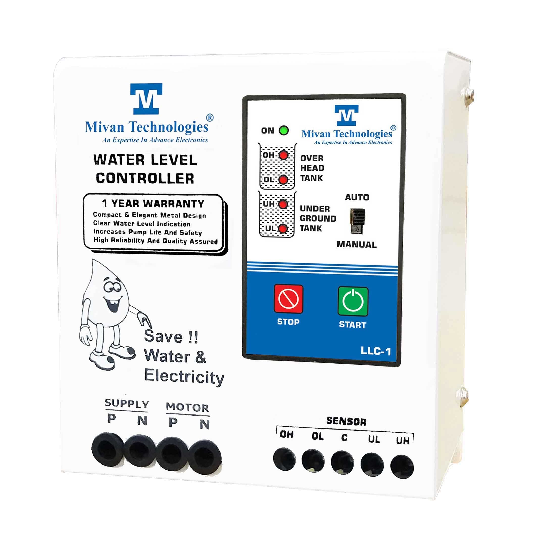 Mivan Technologies LLC 1 Fully Automatic Water Level Controller & Water Level Indicators for UP & Down Tank with 6 Sensors, Suitable for Motor Upto 5HP, Supply 230VAC with Dry Run Protections, White