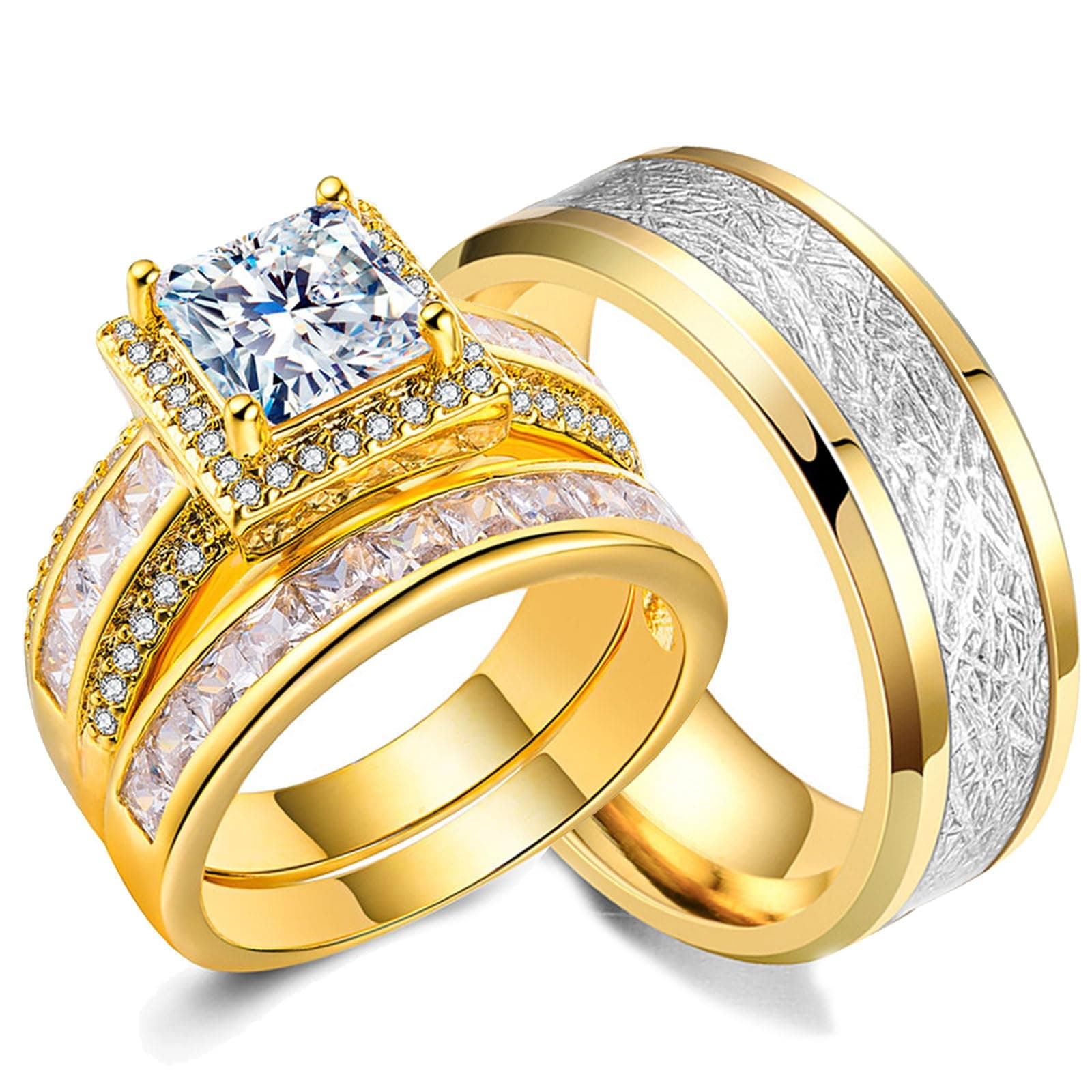 18K Gold Plated Wedding Band s Sets for Him and Her Wedding Rings Engagement Ring Bridal Ring Women Matching Men's CZ Titanium Band