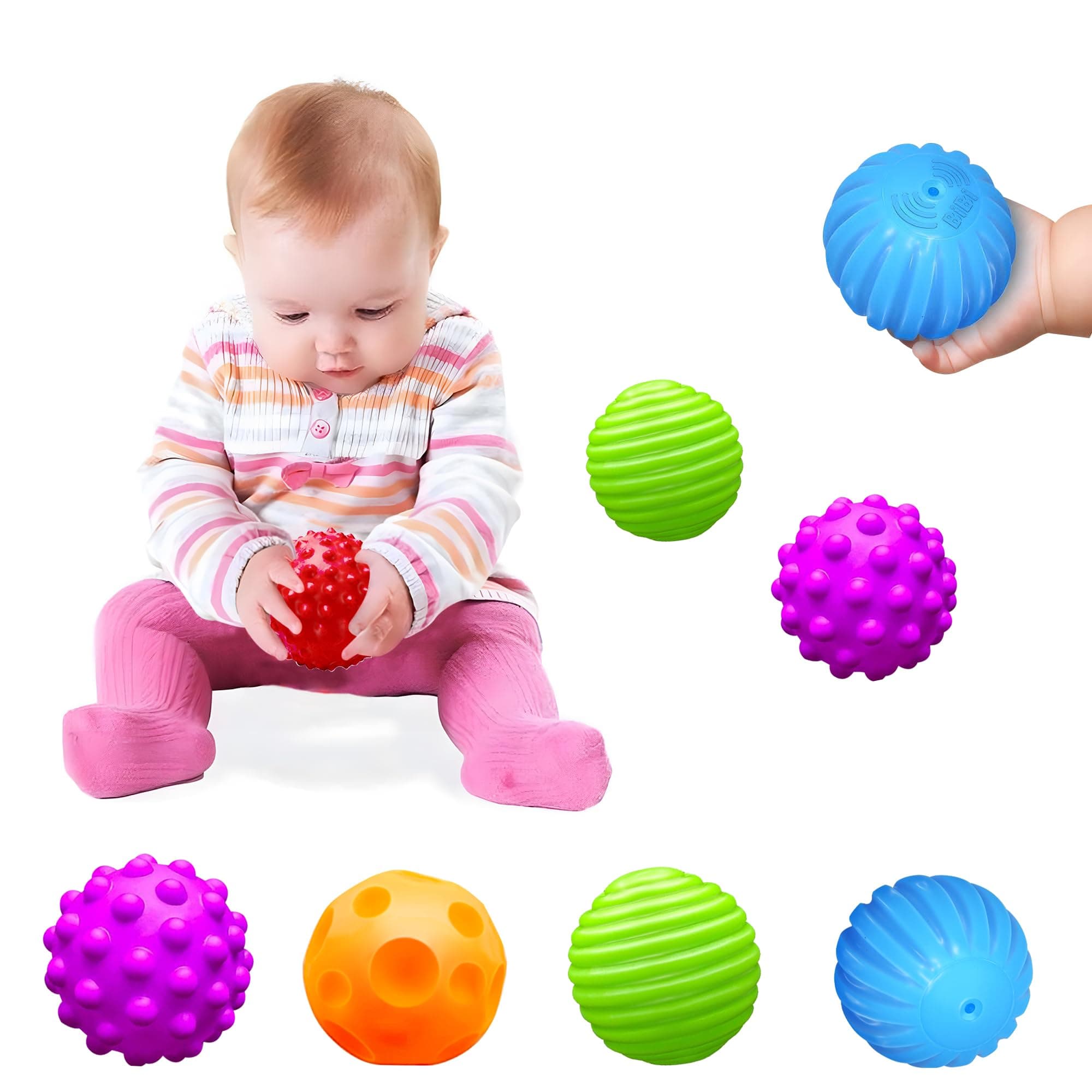 Montessori Toys for Babies 3 Months+, Baby Balls 3 to 12 Month for Babies & Toddlers 3M+, Textured Multi Ball Set Colorful & Soft Squeezy Sensory Toys. Stress Relief Balls for Infant (4 Pack)