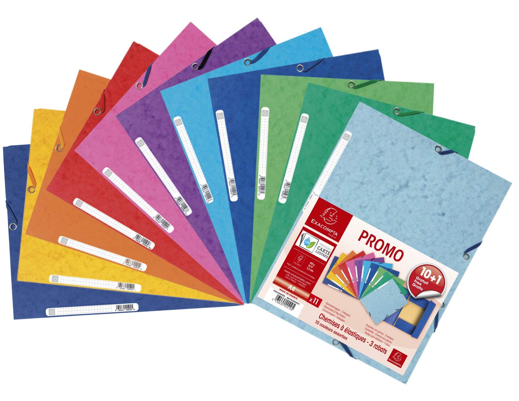 Exacompta - Ref 55510AMZE - Glossy Elasticated Folder - Suitable for A4 Documents, 400gsm Glossy Card, Spine Label for Easy Identification - Assorted Colours (Pack of 11)