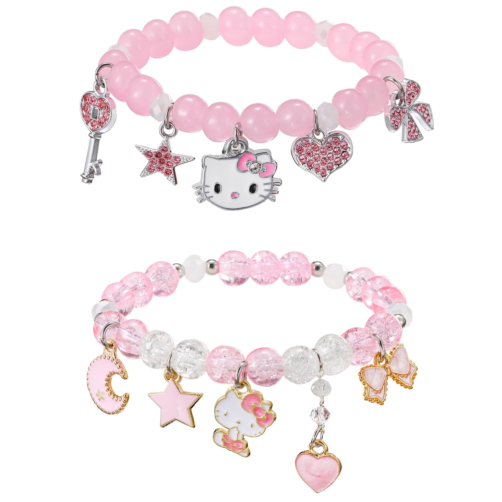 2PCS Kawaii Cute Bracelets Set Anime Y2k Bracelets Friendship Bracelets Heart-Bow-Pentagram-Crown Charm Bracelets Pink Crystal Bead Elastic Bracelets Birthday Christmas Jewelry Present