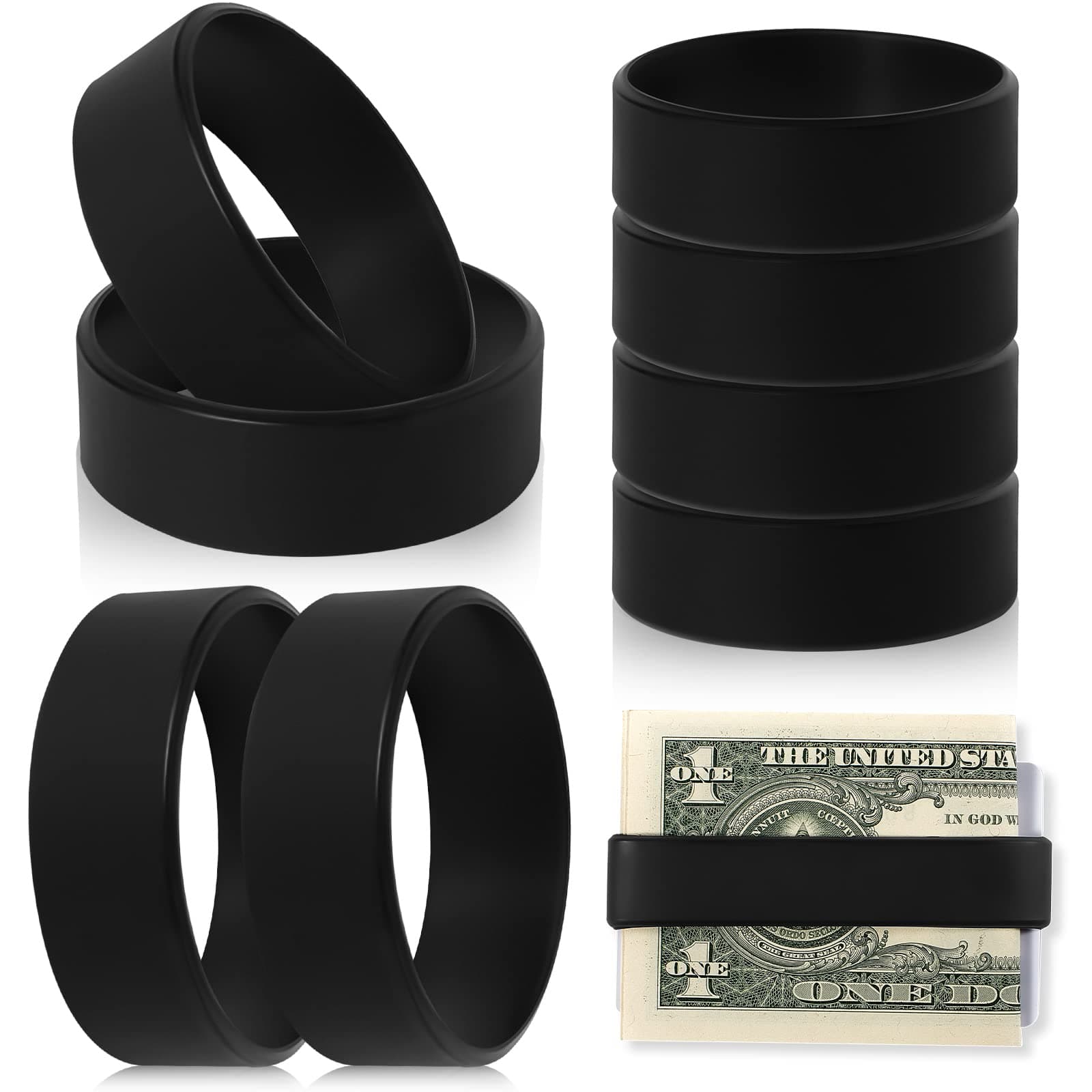Set of 8 Wallet Bands - Silicone Money Holder, Cash Cards Elastic Holder, Wallet Alternative, with 4 PVC Cards for Men Women (Black)