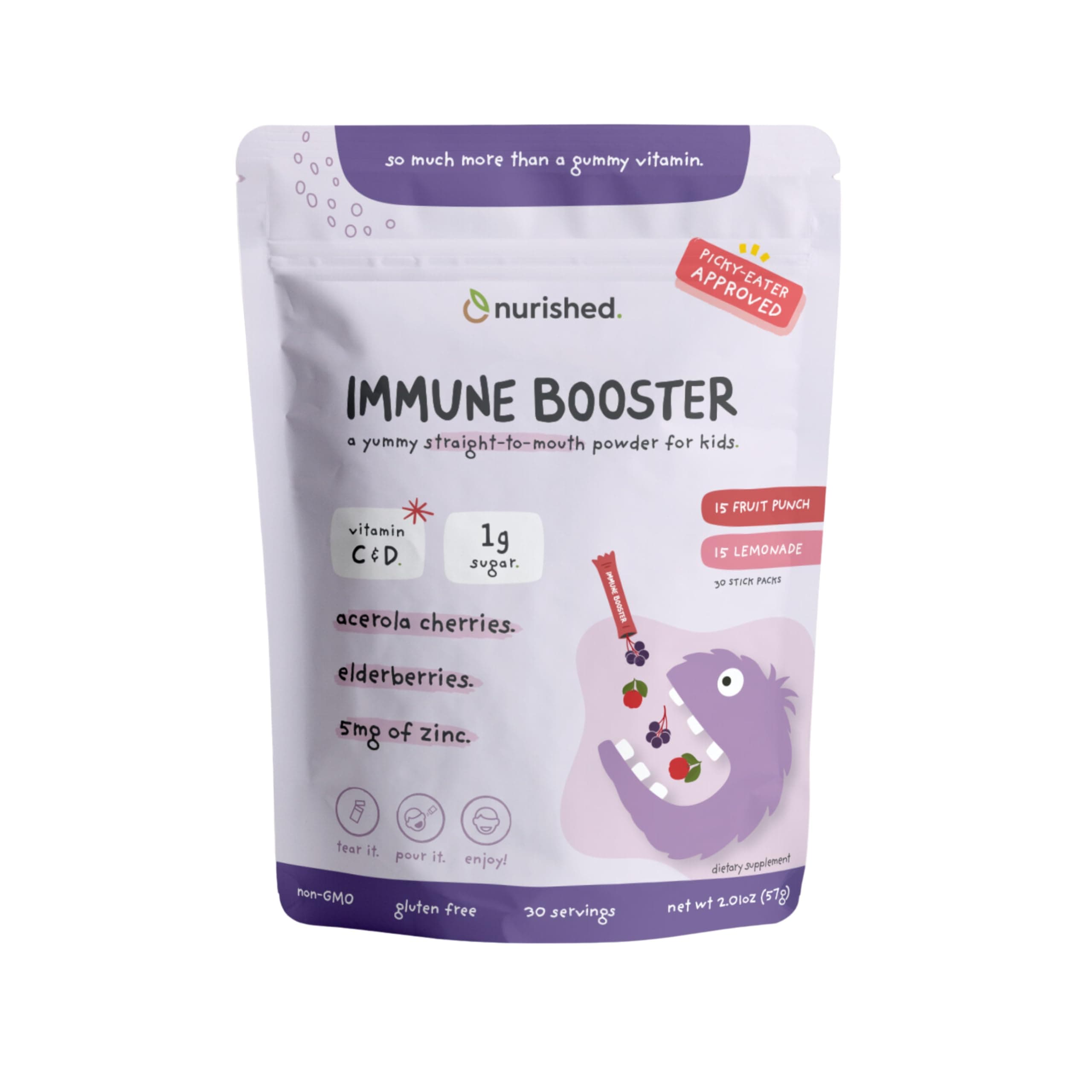 Kids Immune Booster with Elderberry, Acerola Cherry, Zinc, Vitamins C & D - Straight-to-Mouth Powder - 30 Servings - 2 Flavors