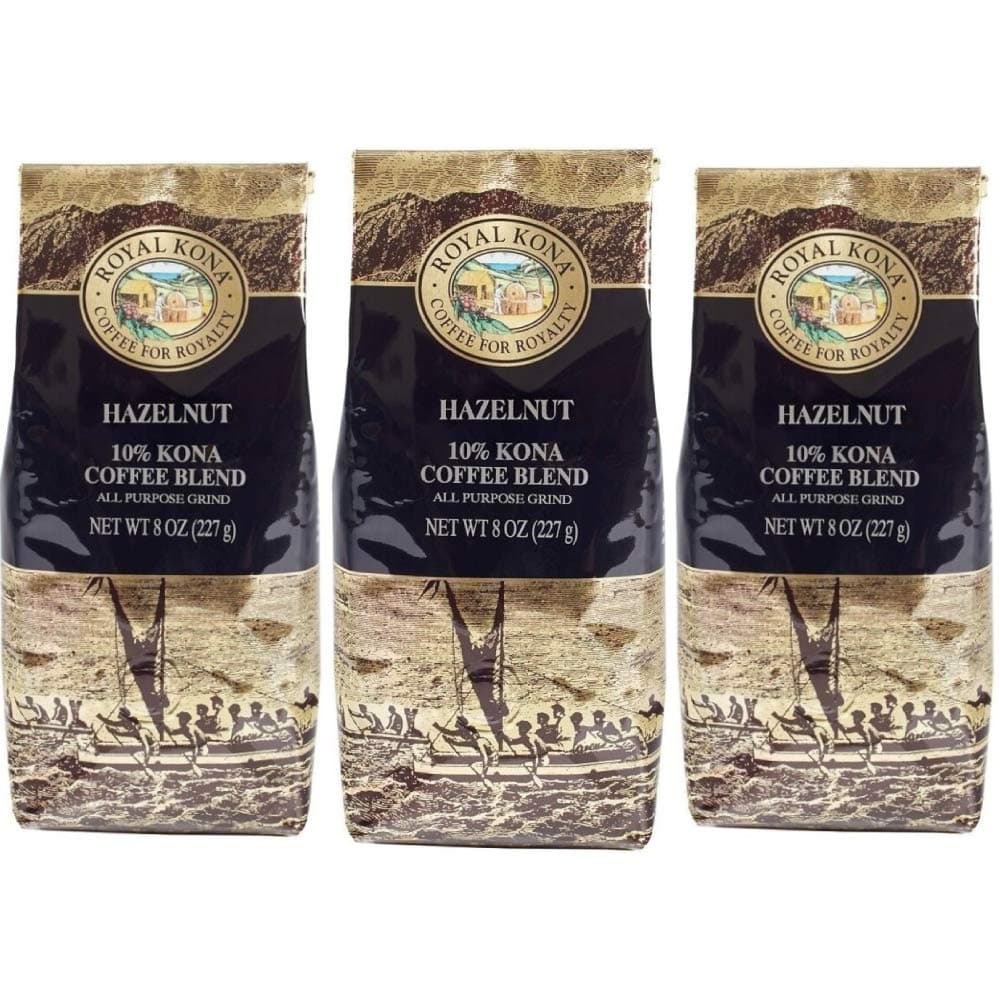 Royal Kona 10% Kona Coffee Blend, Hazelnut Flavor - Ground Coffee 8 Ounce Bag (Pack of Three)