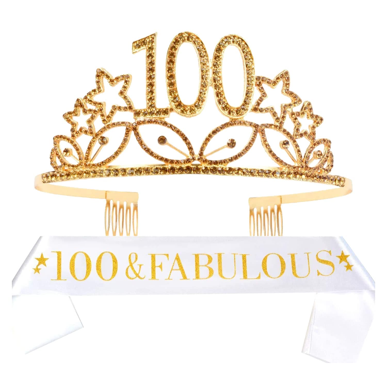 MEANT2TOBE100th Birthday Sash and Tiara for Women - Fabulous Glitter Sash + Stars Rhinestone Gold Premium Metal Tiara for Her, 100th Birthday Gifts for 100 Celebration