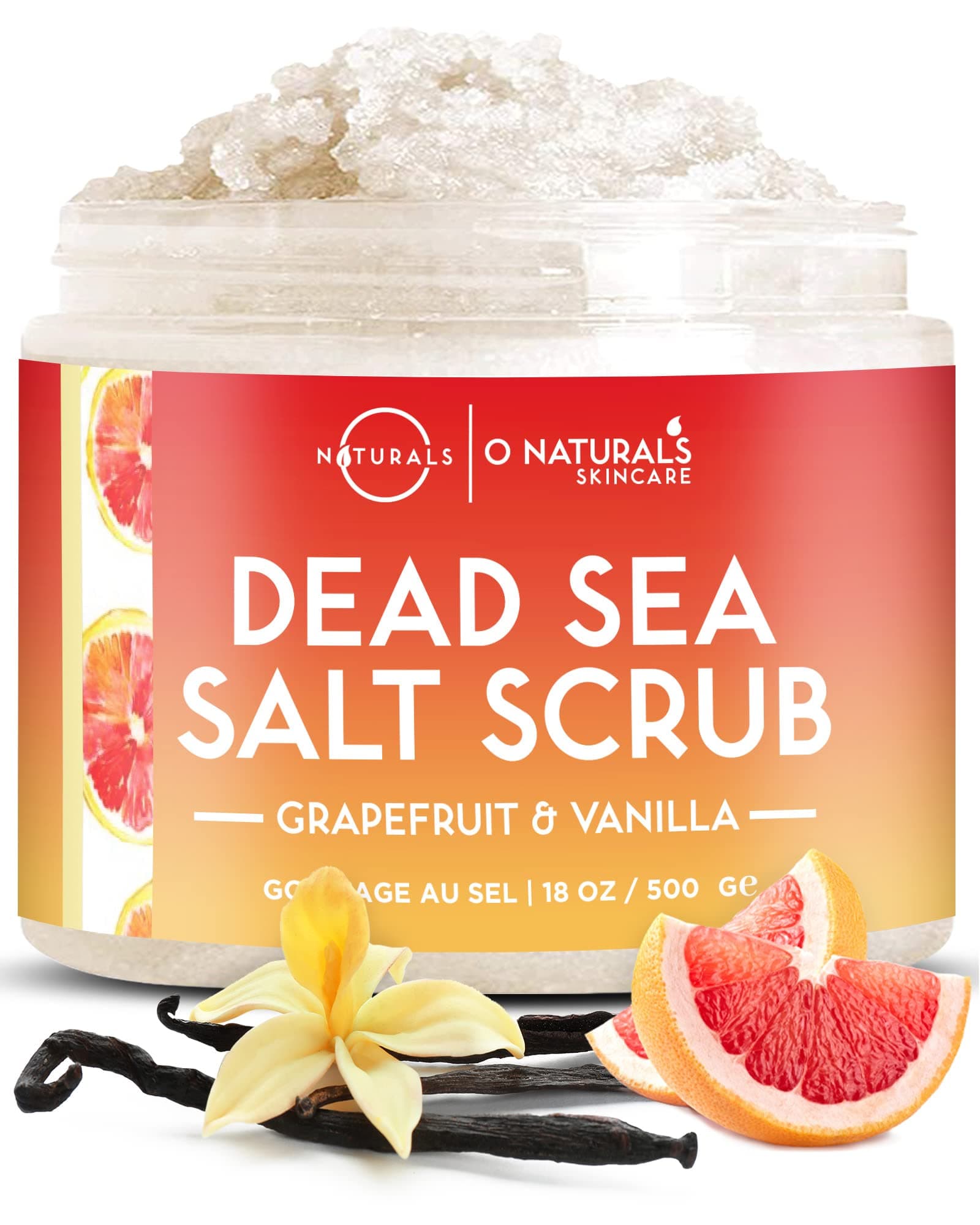 O Naturals Exfoliating Body Scrub Grapefruit & Vanilla Essential Oil Body Exfoliator - Organic Smoothing Body Scrub Exfoliator Dead Sea Salt Scrub Face Body & Foot Shower Scrub for Acne & Dead Skin…