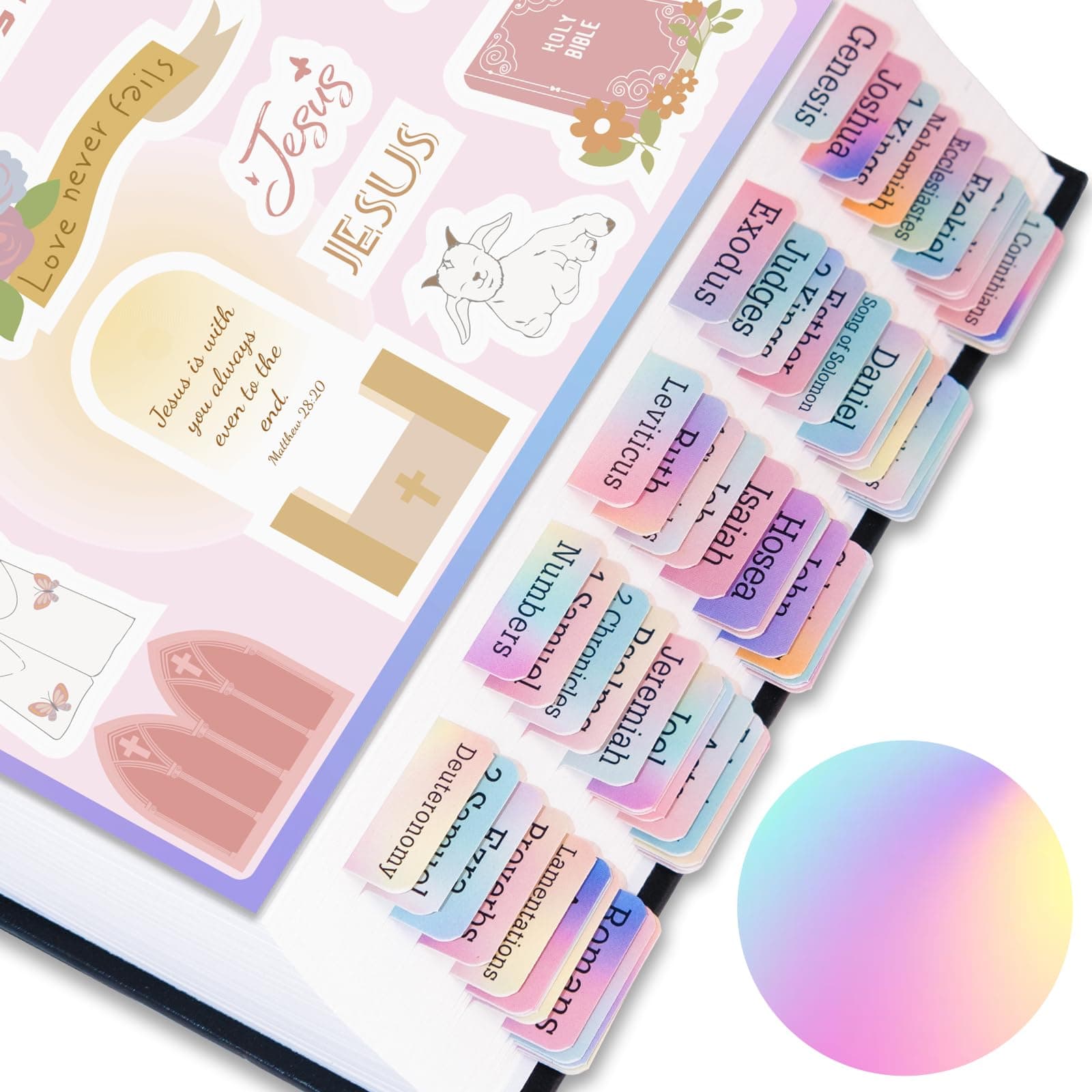Bible Tabs with Unique Stickers, Bible Tabs for Women, Laminated Bible Tabs, Christian Gifts, Large Print Bible Tabs for Easy Navigation, Bible Book Index Tabs Labels, Bible Study Supplies (Rainbow)