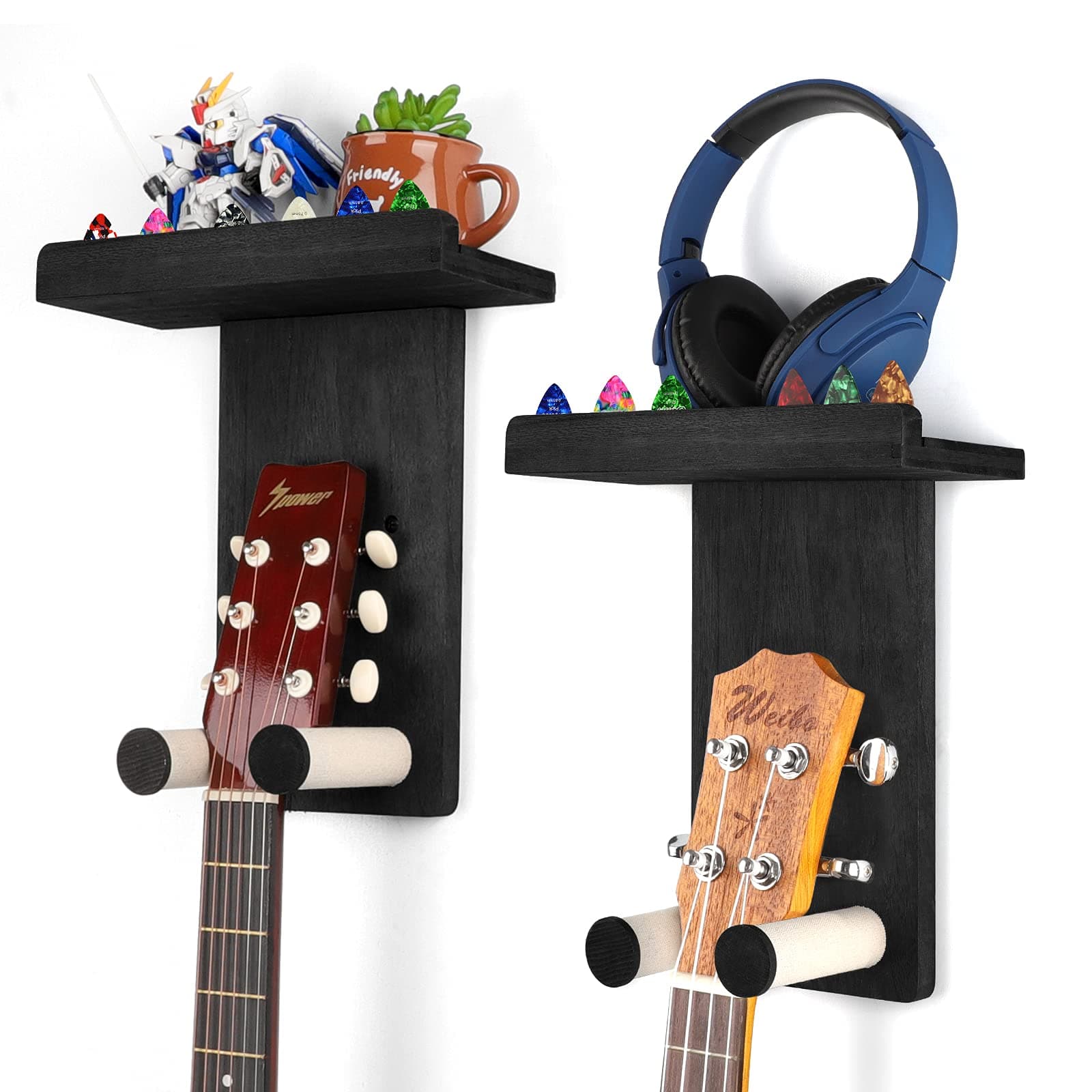 Keebofly Guitar Wall Hanger,2 Pack Guitar Wall Mount Holder Guitar Hanger Shelf with Pick Holder Wood Guitar Rack for Acoustic or Electric Guitar,Ukulele,Bass,Mandolin Black,[Patented]