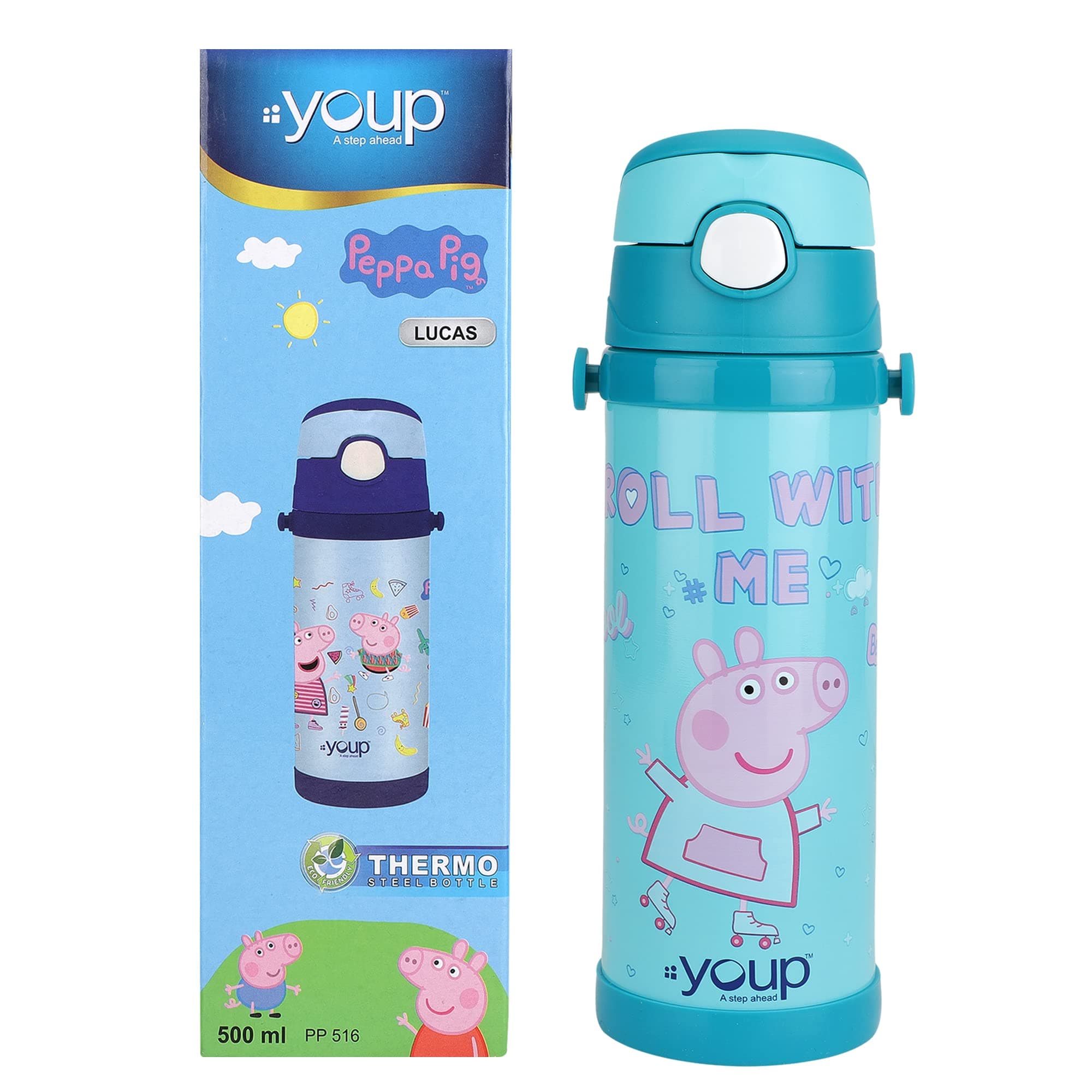 Youp Stainless Steel Green Color Peppa Pig Kids Insulated Double Wall Sipper Bottle Lucas - 500 ml (Green)