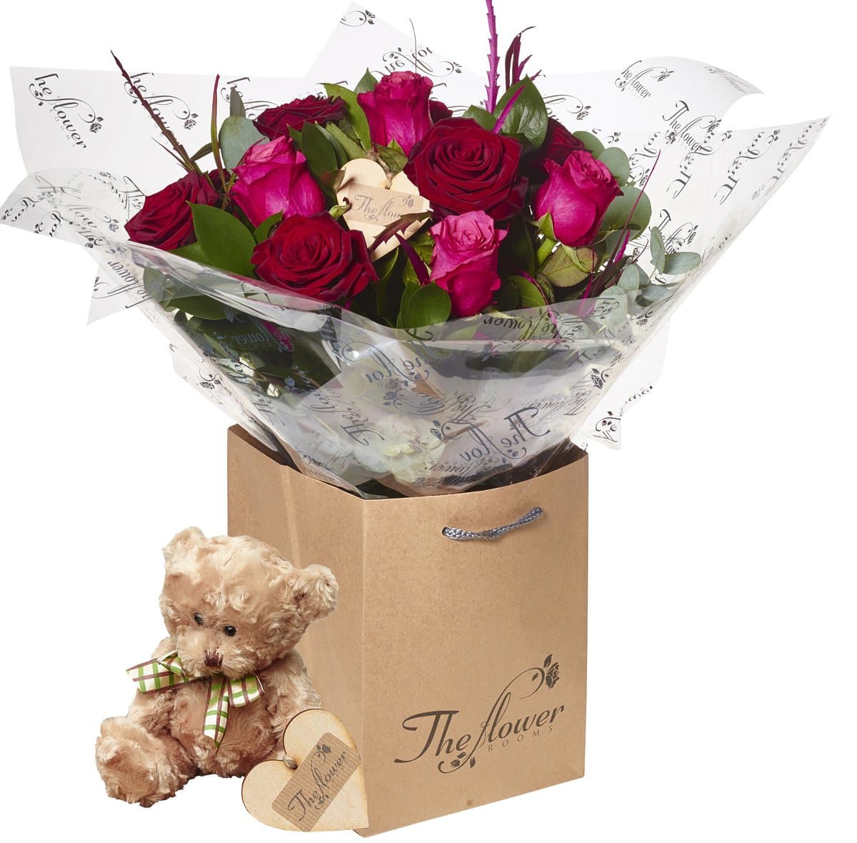 The Flower Rooms - Scarlet Pinks Two Half Dozens Flower Gift with Teddy Bear - Gorgeous Fresh Flower Gift