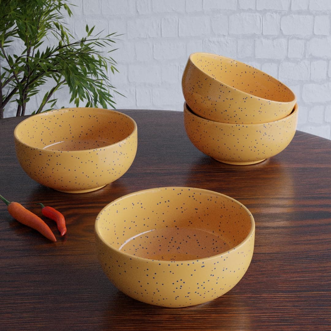 The Earth Store Glossy Mustard 150ml Ceramic Bowl, Dishwasher & Microwave Safe Serving Bowl for Snacks, Dal, Curry, Fruits, Salad, Maggi & Vegetable, Serving Mixing Bowl Perfect for Gifting Set of 4
