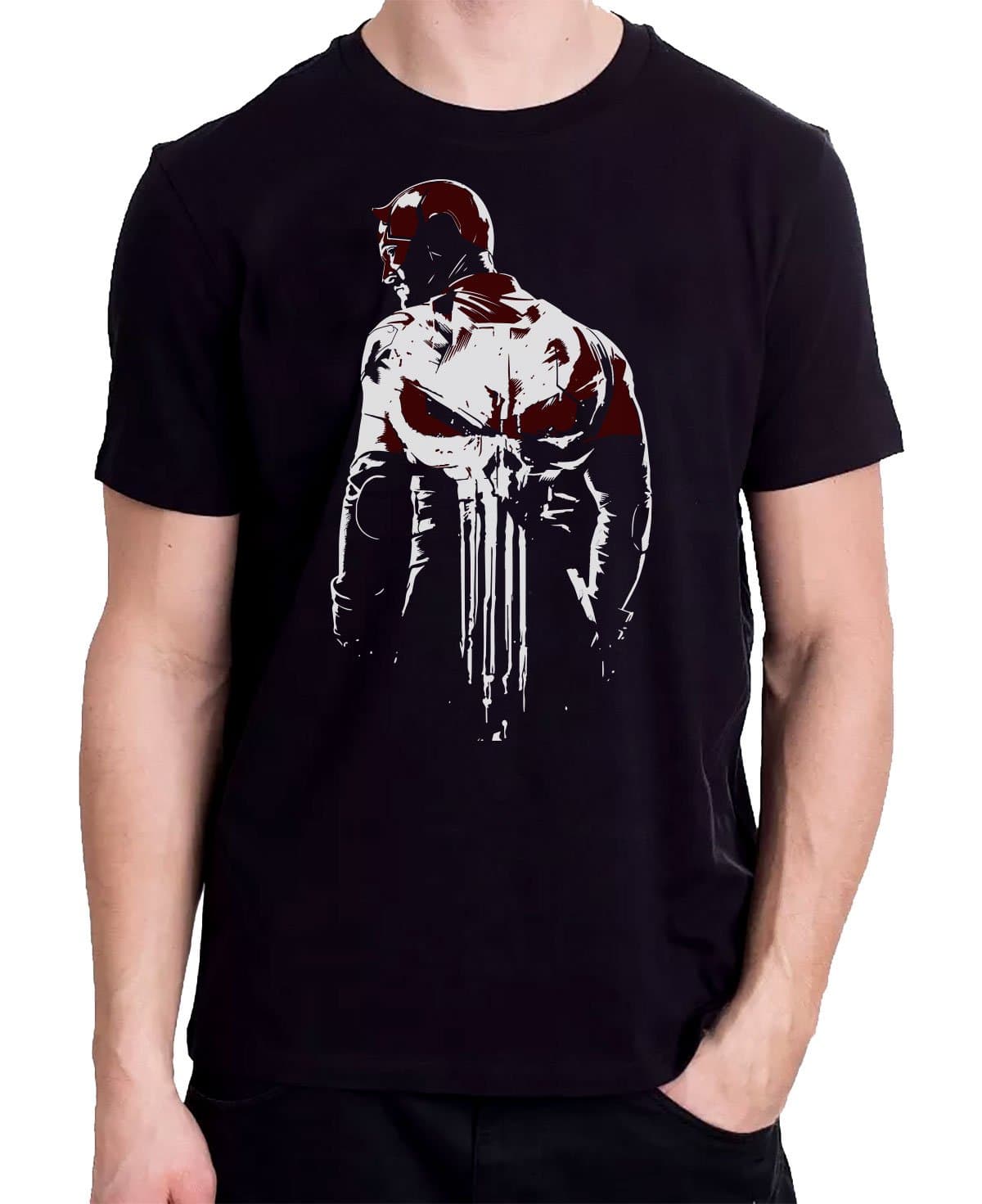 101Sports The Defenders Daredevil Punisher T-Shirt Mash up Black T-Shirt Unisex Soft Style (2XL)