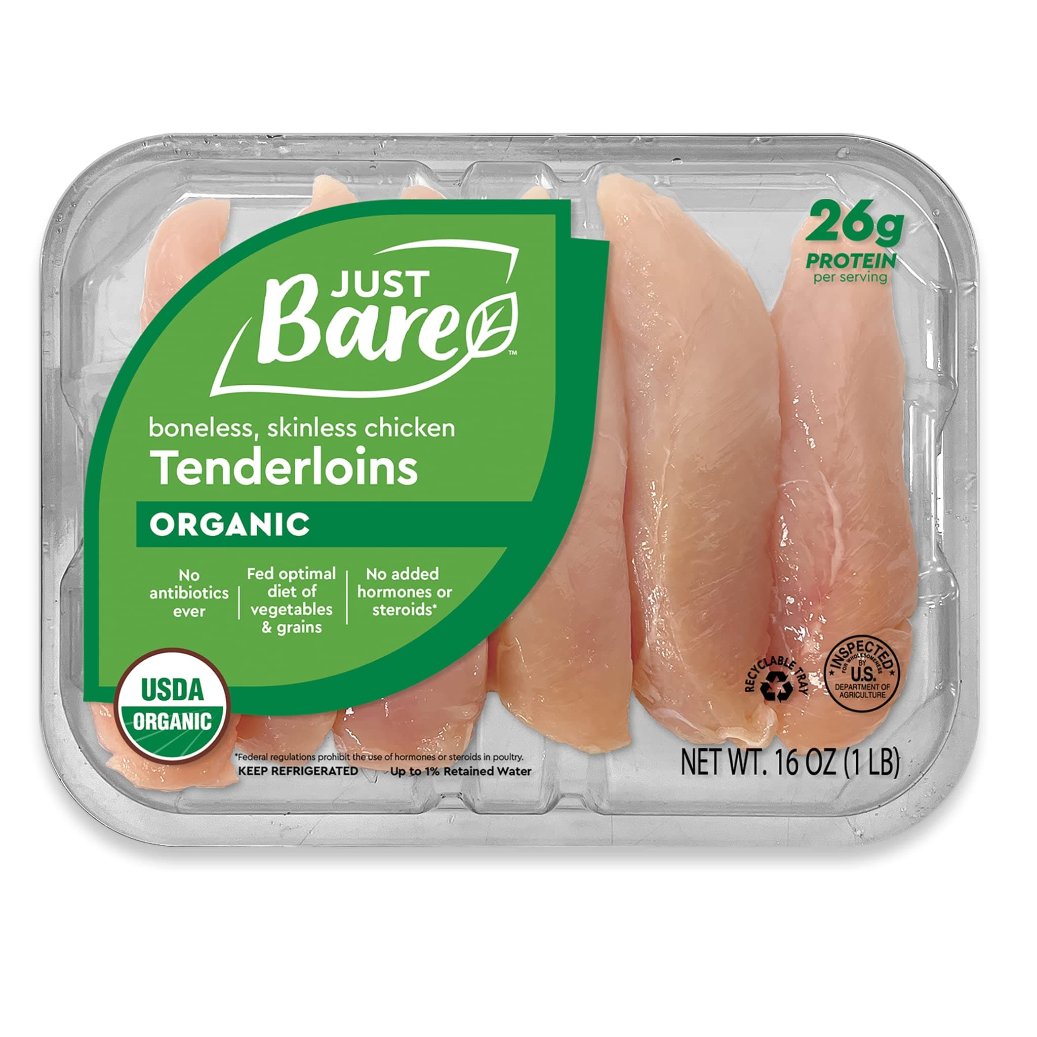 Just Bare® USDA Organic Fresh Chicken Tenders | No Antibiotics Ever | Boneless | Skinless | 1.0 LB.