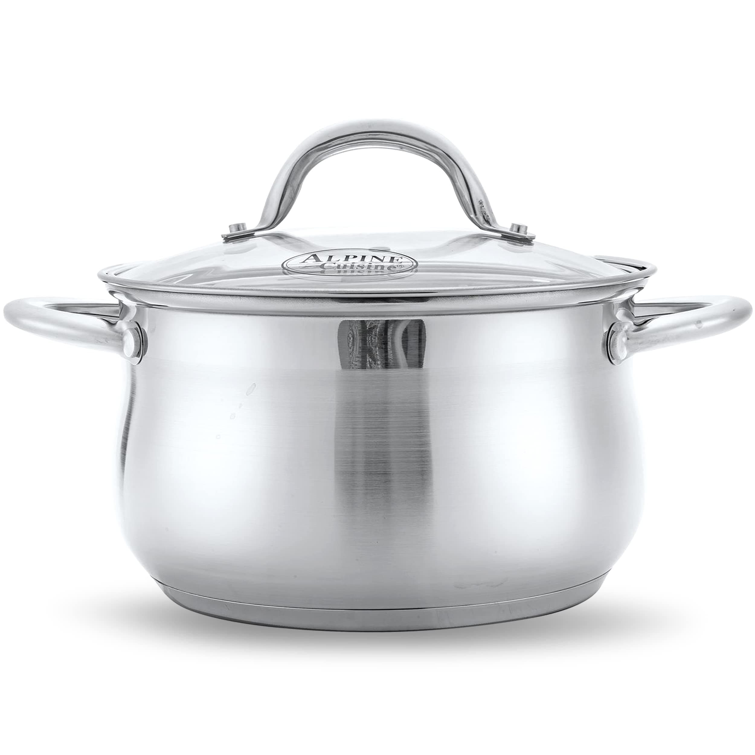 Alpine CuisineStainless Steel Dutch Oven Belly Shape 4 Quart - Heavy Duty Pot with Tempered Glass Lid,Comfortable Handles, Dishwasher Safe & Easy to Clean