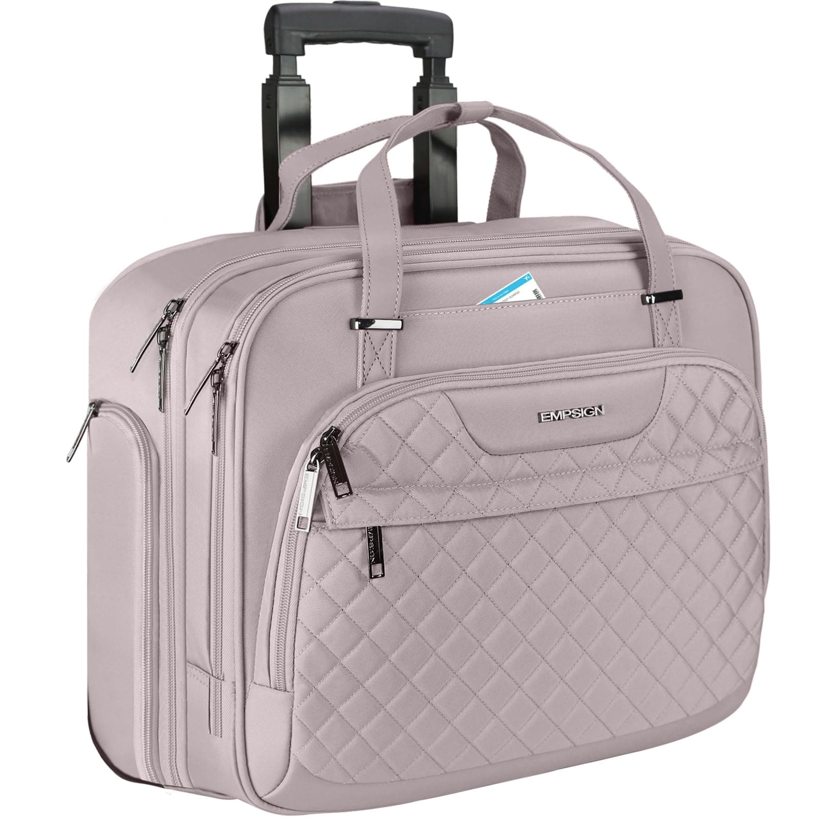 EMPSIGN Rolling Laptop Bag Women with Wheels, Briefcase for Women Fits Up to 15.6 Inch Laptop Briefcase on Wheels, Water-Repellent Overnight Rolling Computer Bag with RFID Pockets, Grey Pink