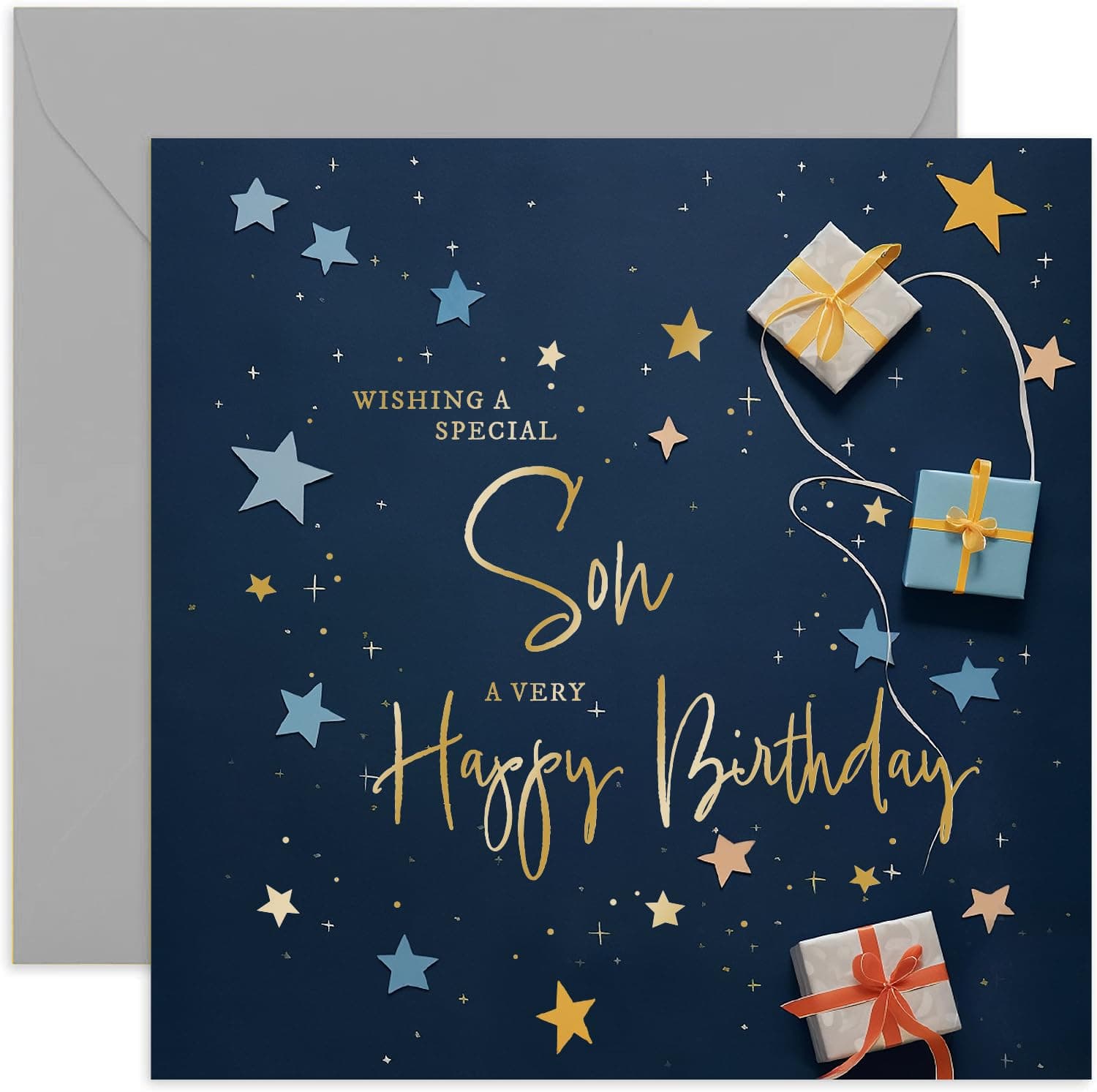 Old English Co. Son Birthday Card for Him - Navy Blue Male Birthday Card for Family - Stars Wrapped Gifts Presents Card Design - Modern Birthday Card | Blank Inside