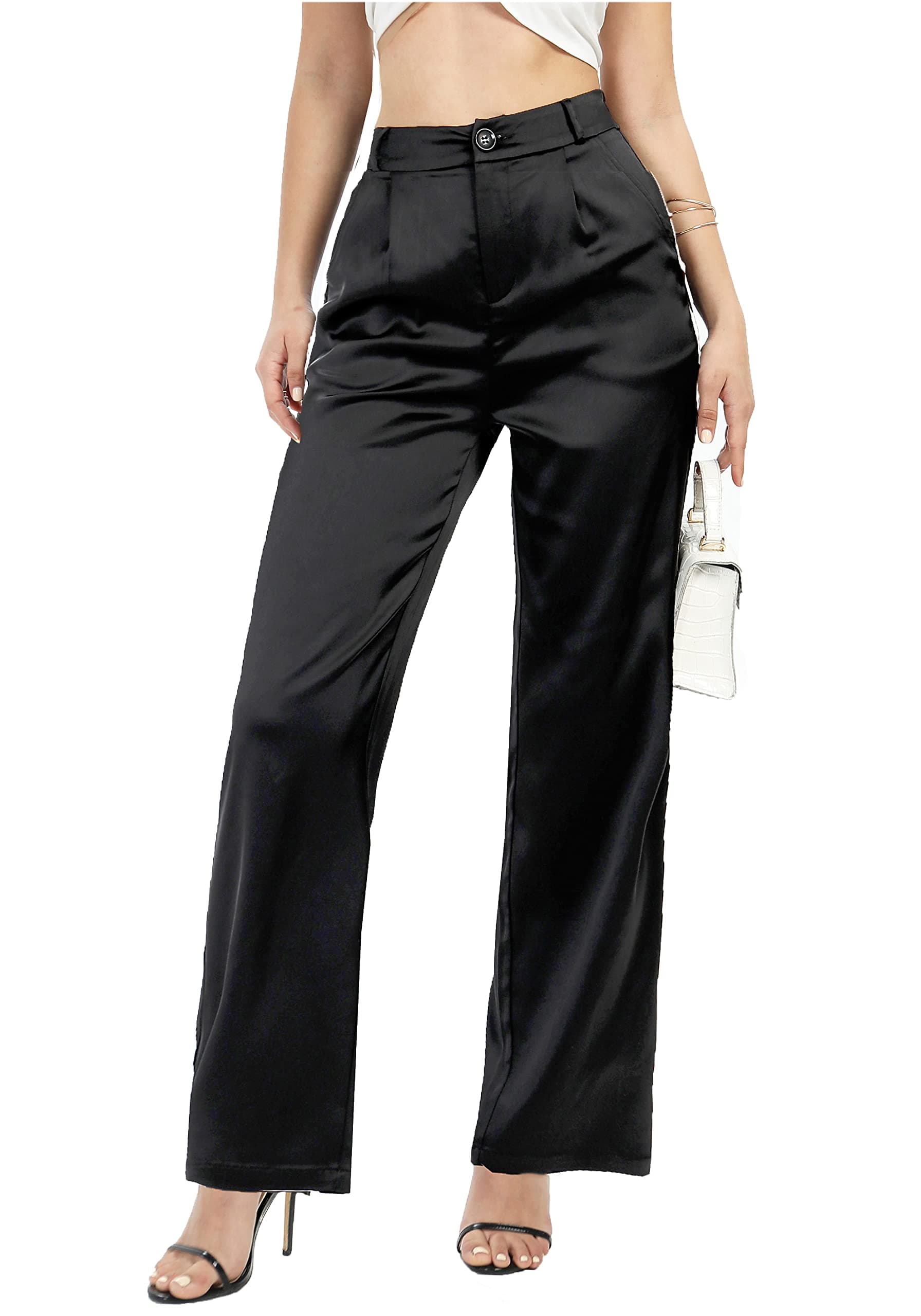 heipeiwaWomen's Wide Leg Wedding Party Satin Casual Dress Nightout Pants Long Trouser