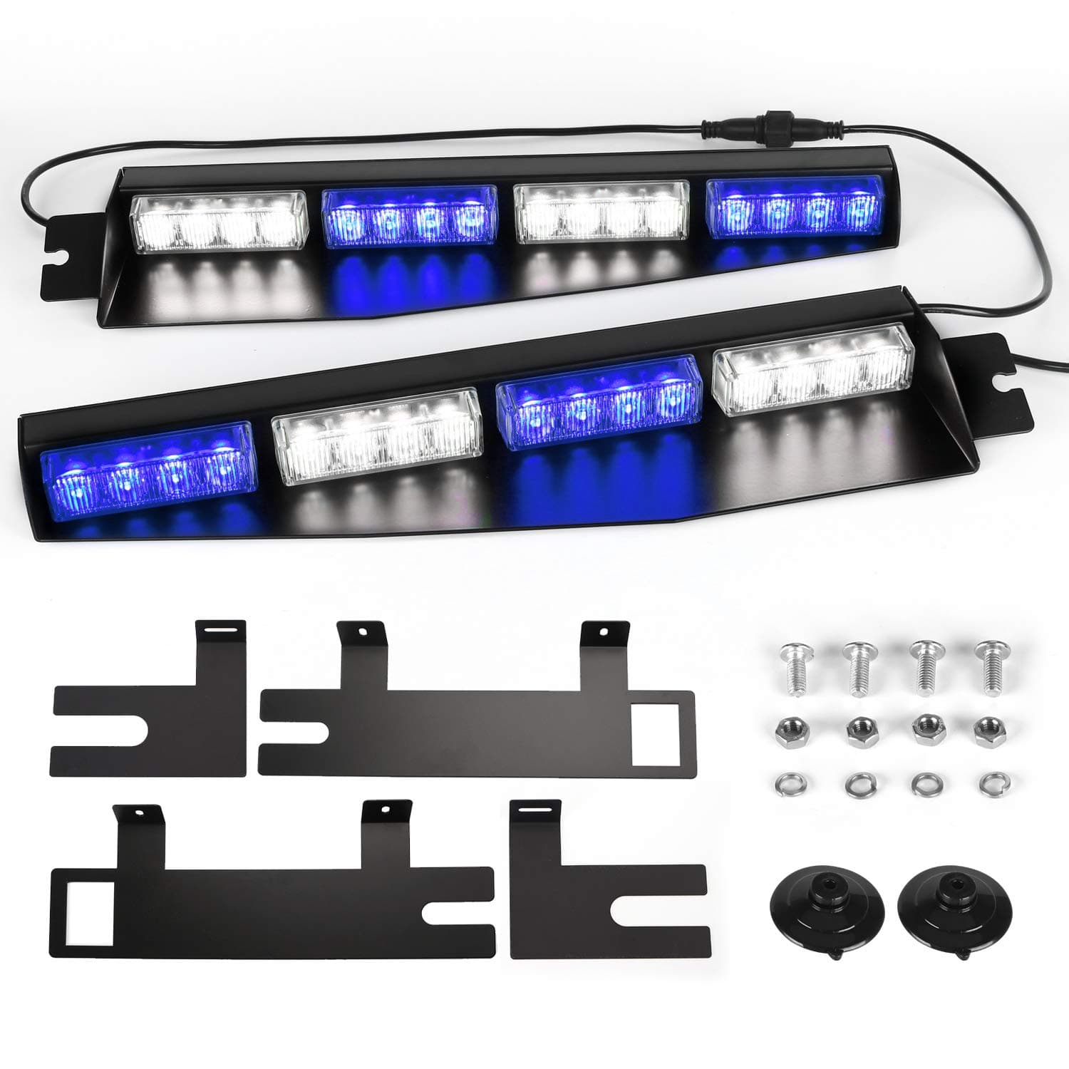 ASPL 32LED Visor Lights 26 Flash Patterns Windshield Emergency Hazard Warning Strobe Beacon Split Mount Deck Dash Lamp With Extend Bracket (Blue/White/Blue/White)