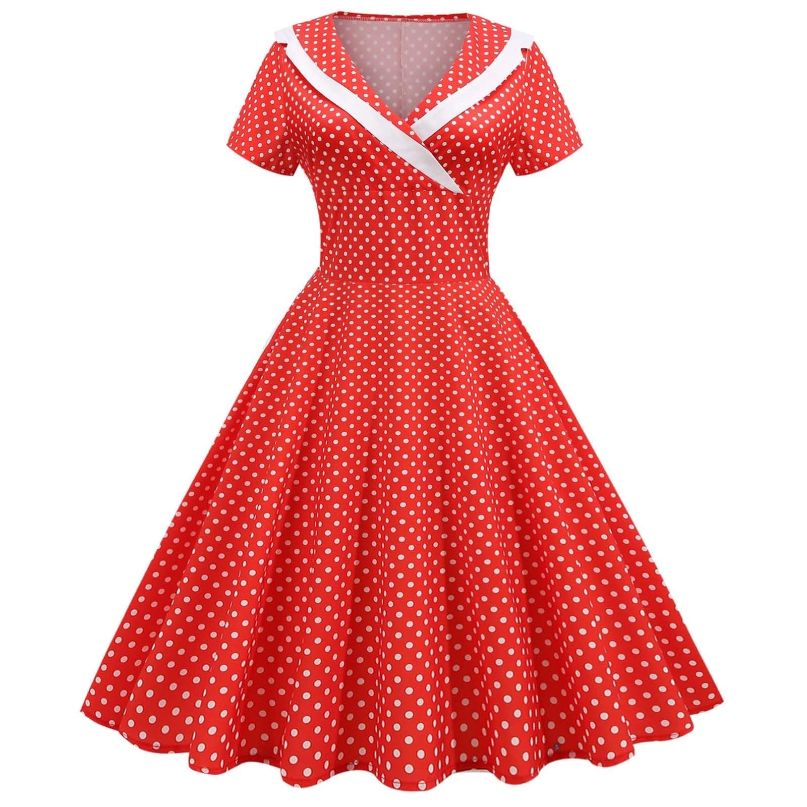 SkangWedding Guest Dresses for Women Women's Retro Dress Short Sleeved Polka Dot Printed Large Swing Dress Women Midi Dress