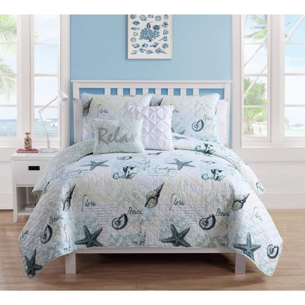5pc Blue Coastal Beach Themed Quilt Full Queen Set, Aqua Light Off White, Chic Sea Shell Starfish Bedding, Relaxed Ocean Seashore Seashell Coast Scale Summer Theme Pattern