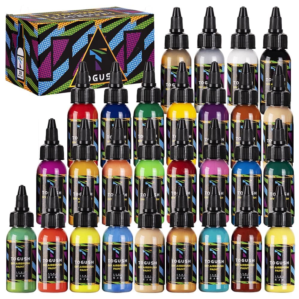 Airbrush Acrylic Paint Set 28 Colors Non Toxic Water Based Paints 30ml/1.07oz for Canvas Glass Wood Matte Quick Drying Ready to Spray for Hobby Miniature Model