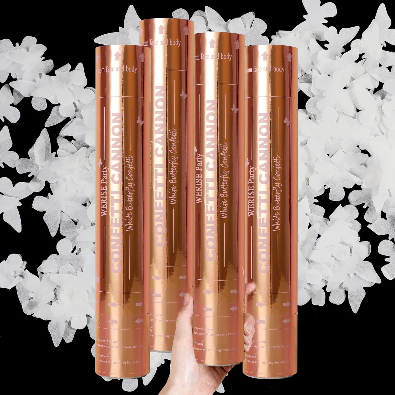 WERISE White Butterfly Confetti Cannon, 4 Pack 12 Inch Wedding Confetti Poppers Party Supplies Air Powered Confetti Blaster Biodegradable Butterfly Shaped Paper Confetti Cannons