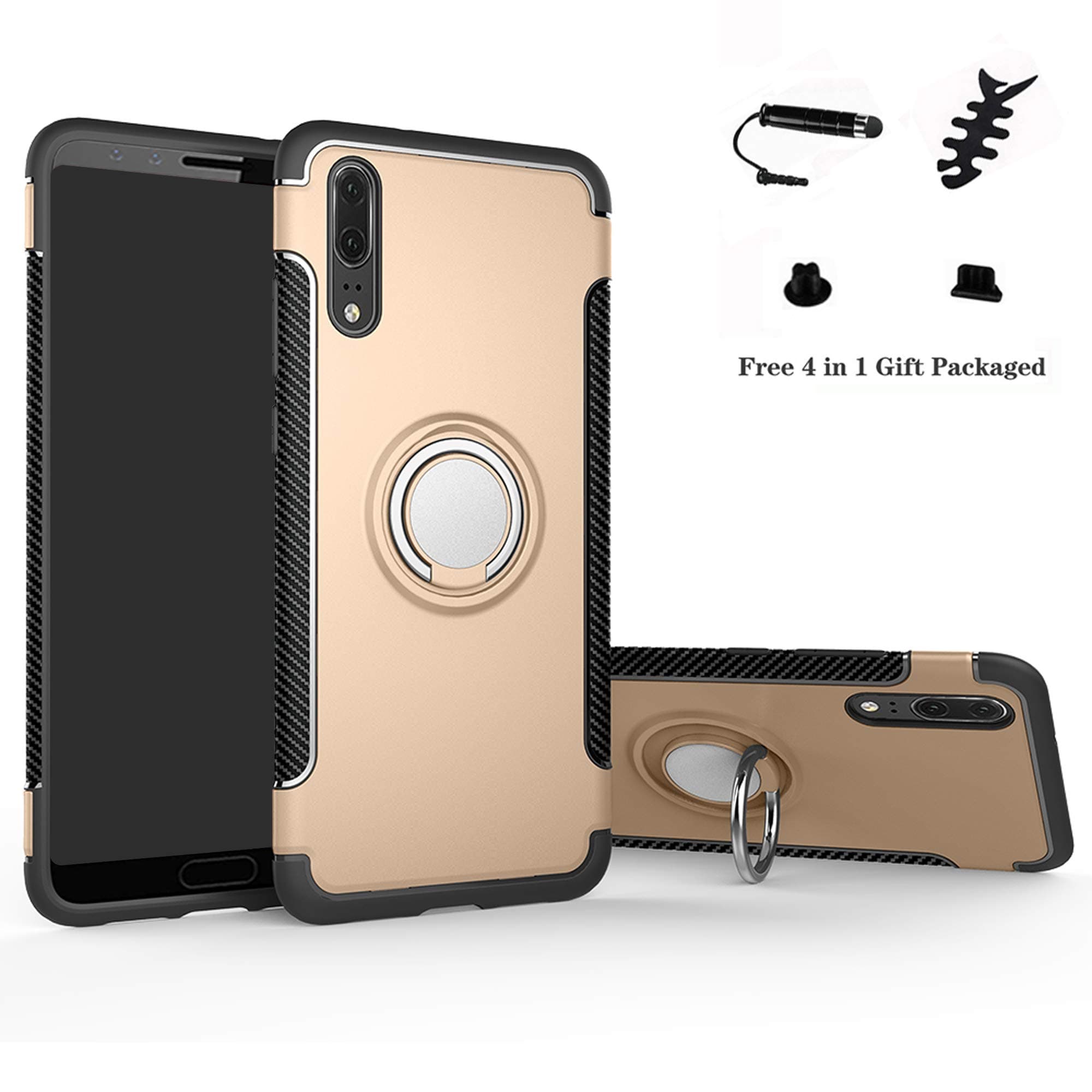 Labanema Case for Huawei P20, Hybrid Dual Layer [Anti-Scratch] [Shock Absorption] 360°Rotation Ring Holder Kickstand Armor Slim Protective Cover Case for Huawei Huawei P20 Smartphone - Gold