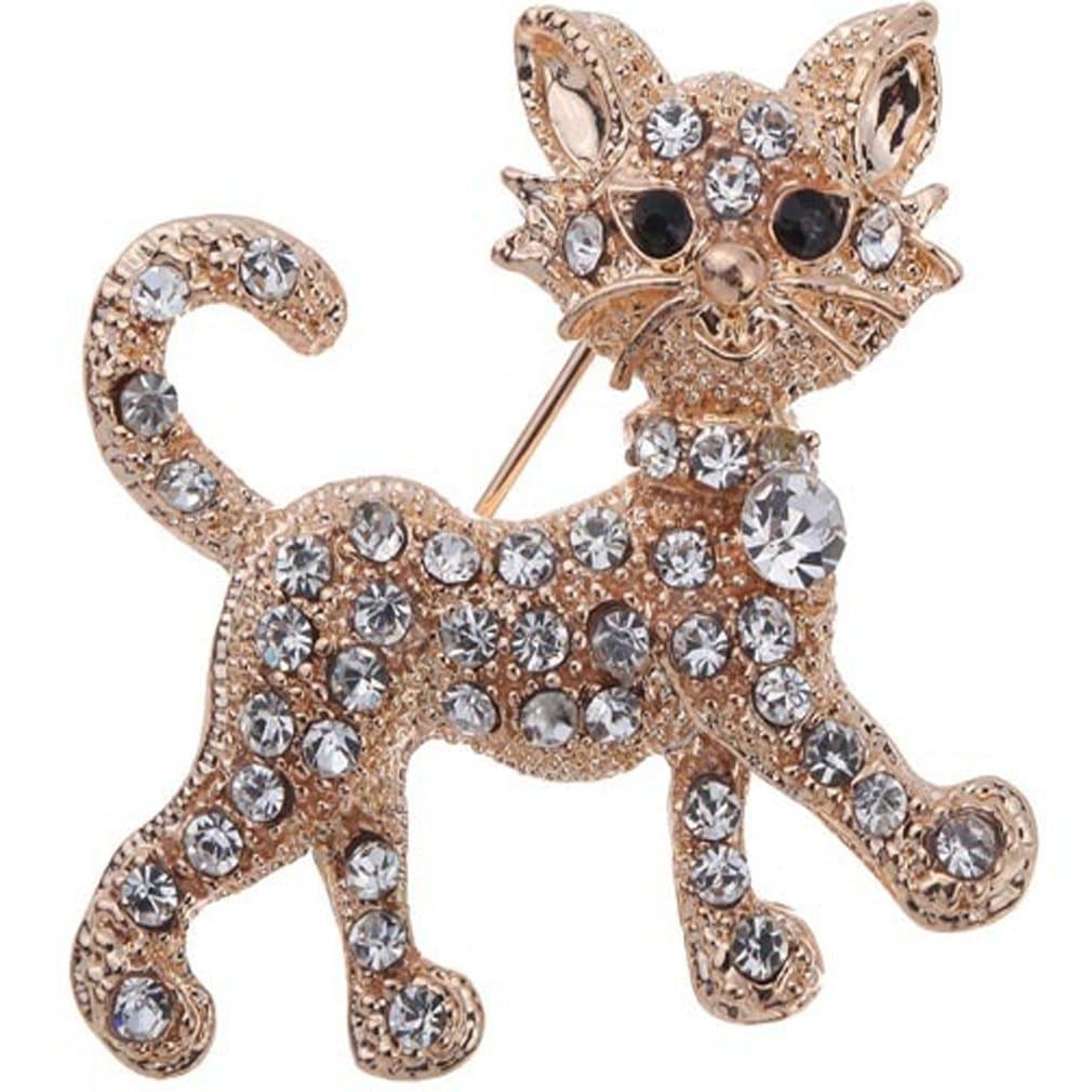 BOLY Womens Gold Plated Alloy Inlaid Crystal Rhinestone Brooch Pin Cute Cat Dress Charm White Diamond