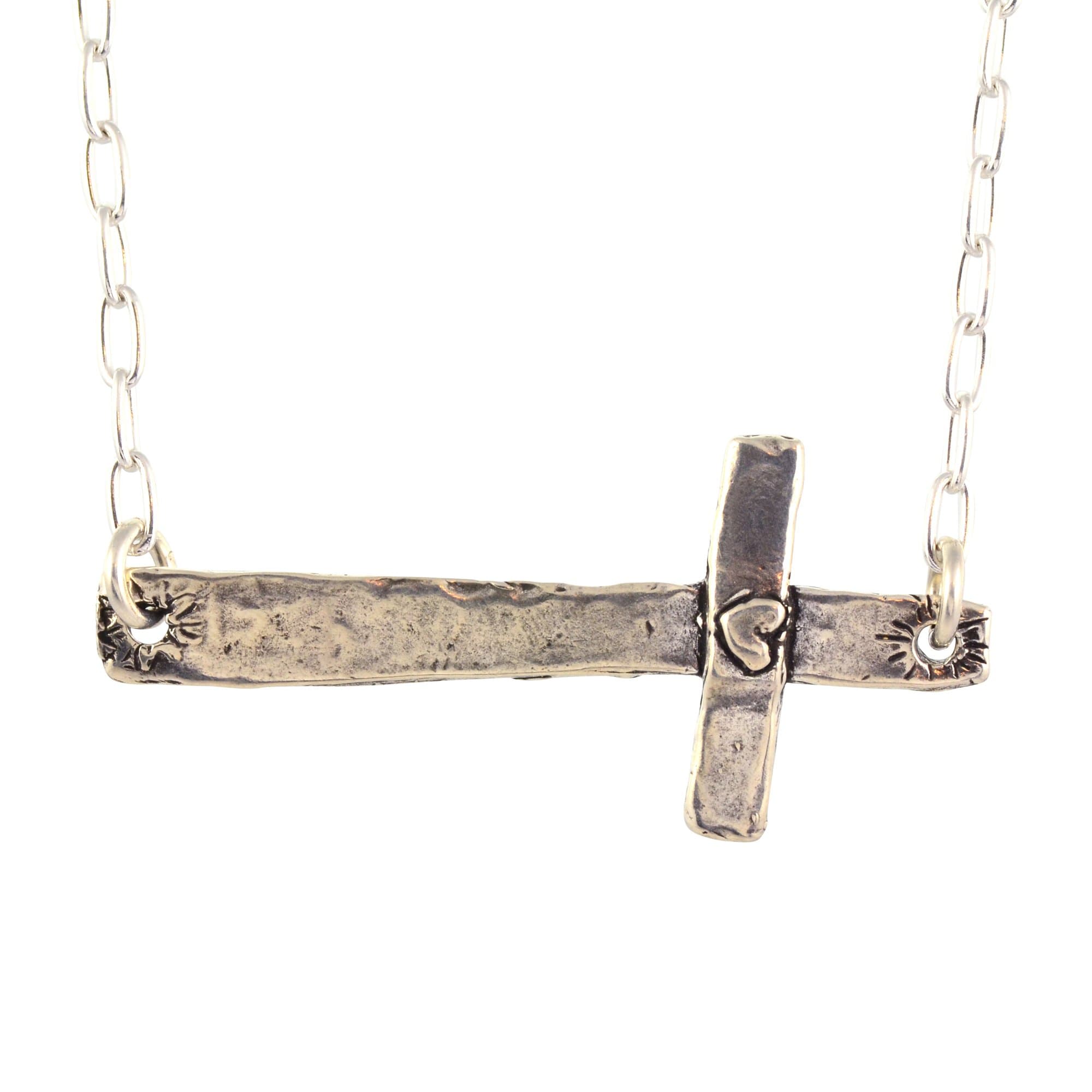 Faith Runs Deep Necklace, Silver Plated Sideways Cross Pendant with a Heart N654
