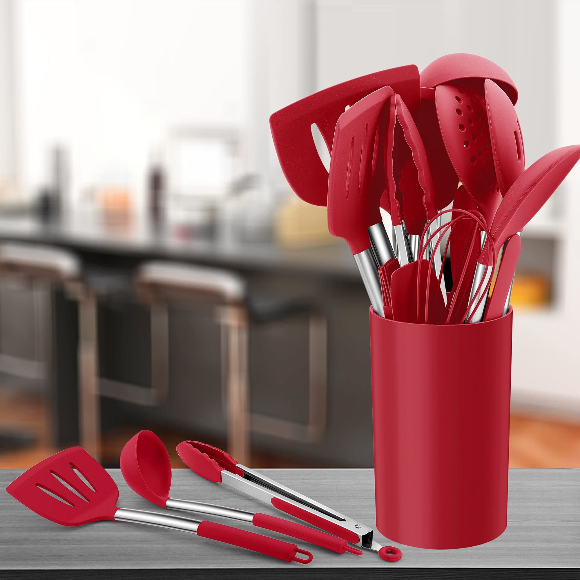 Herogo Silicone Kitchen Utensils Set, 25 Pcs Cooking Utensil with Holder, Heat Resistant Kitchen Tools with Stainless Steel Handle for Non-Stick Cookware, Turner Spatula Spoon Tong Brush Whisk, Red