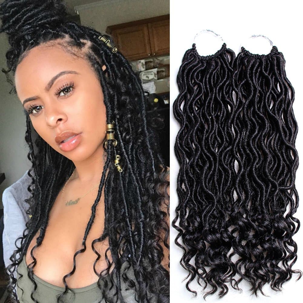 6 PCS/Lot Goddess Locs Crochet Hair 20 Inch Wavy Curly Faux Locs Crochet Hair Braiding Hair With Curly End Soft Locs Crochet Goddess Locs Synthetic Braids Crochet Hair(20" 6 Packs, #1B)