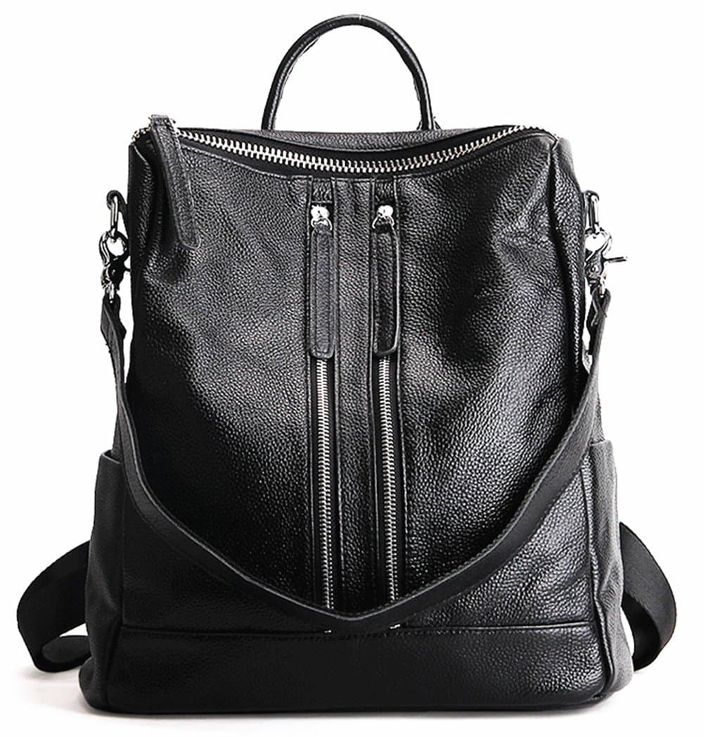 Women Genuine Leather Backpack Lightweight Casual Shoulder Bag Purse (Black 3)