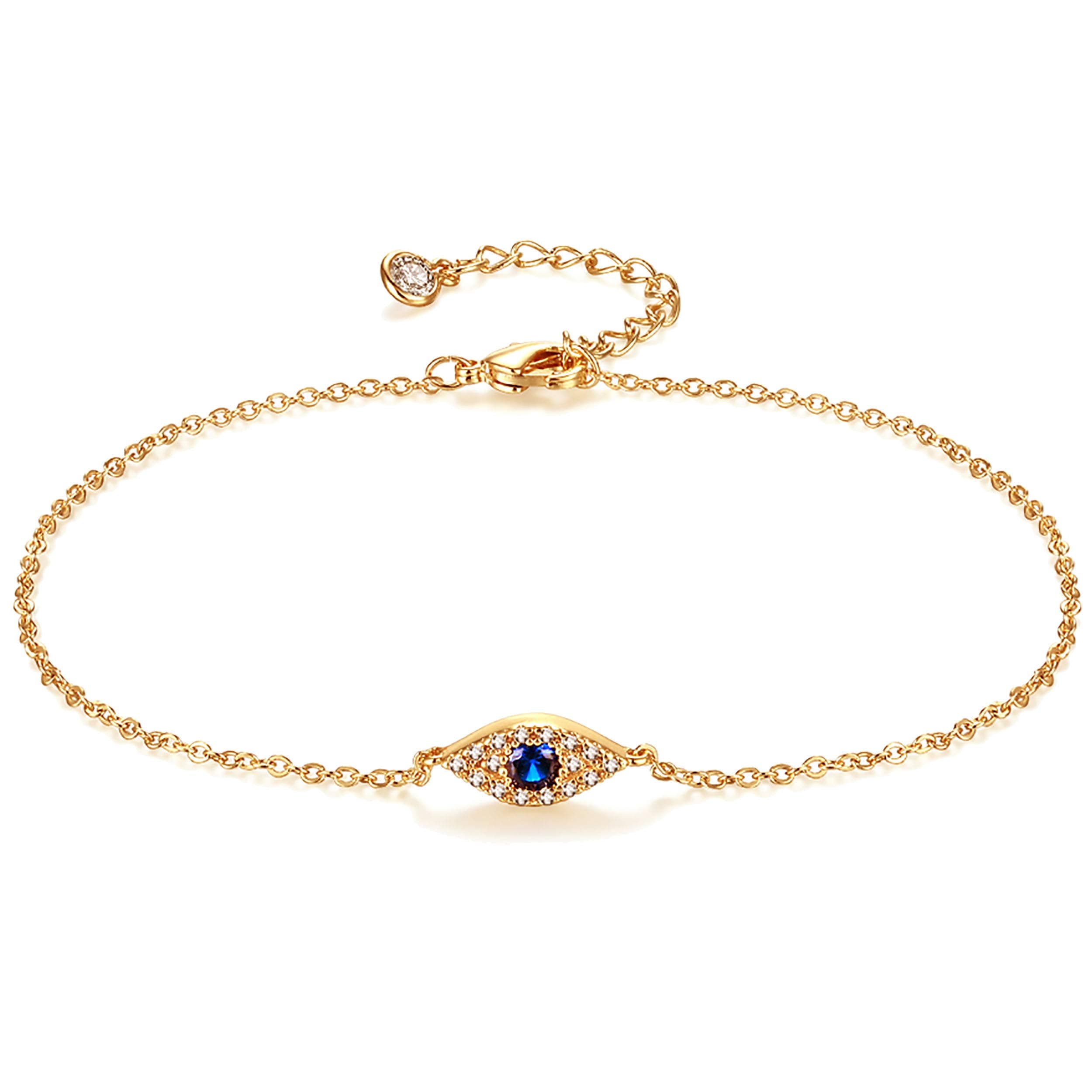 Dremmy Studios シンプルゴールドチェーンアンクレット、14Kゴールド/シルバーメッキ 華奢なディスク イーブルアイ サマービーチ アンクルブレスレットジュエリー 女性用, 9 inch, 真鍮, キュービックジルコニア