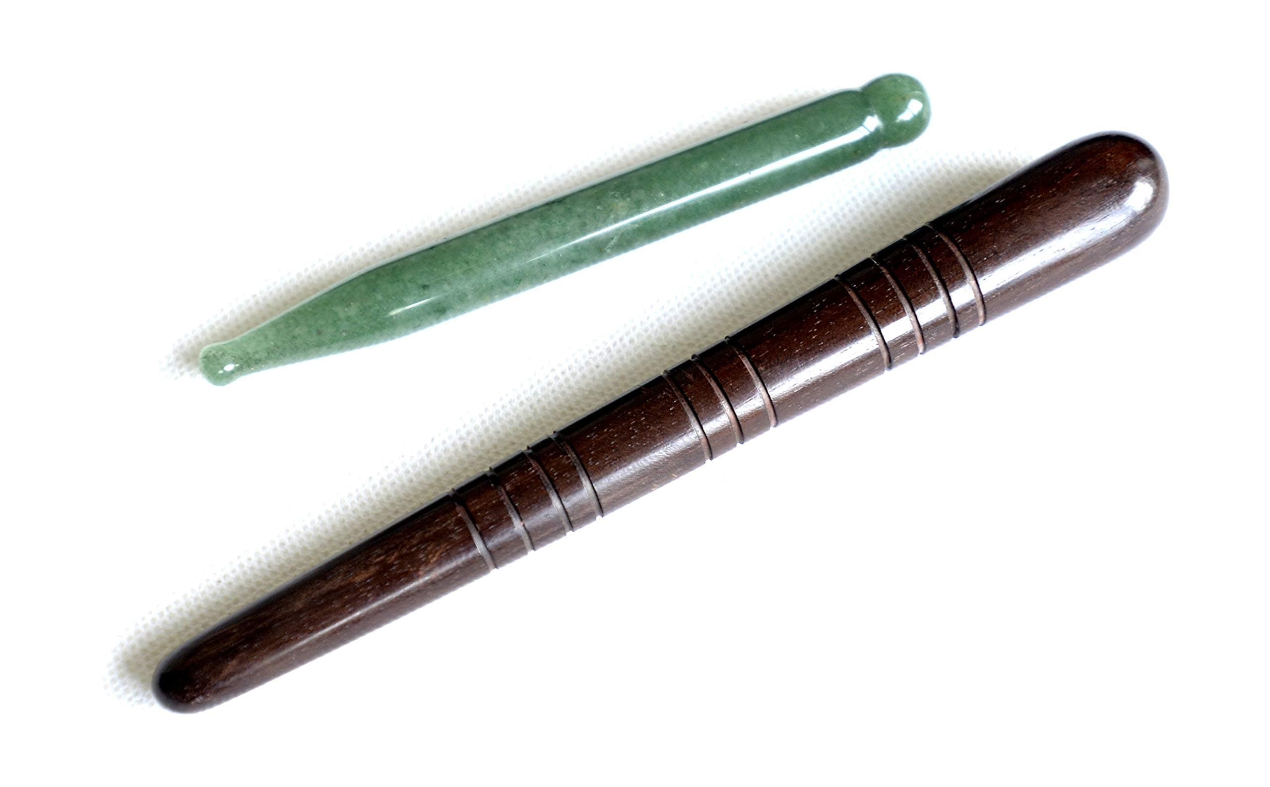 2 Piece Massage Set Comprising Thai Village Style Wood Foot Massage Stick and Chinese Jade Foot Massage Reflexology and Acupressure Stick