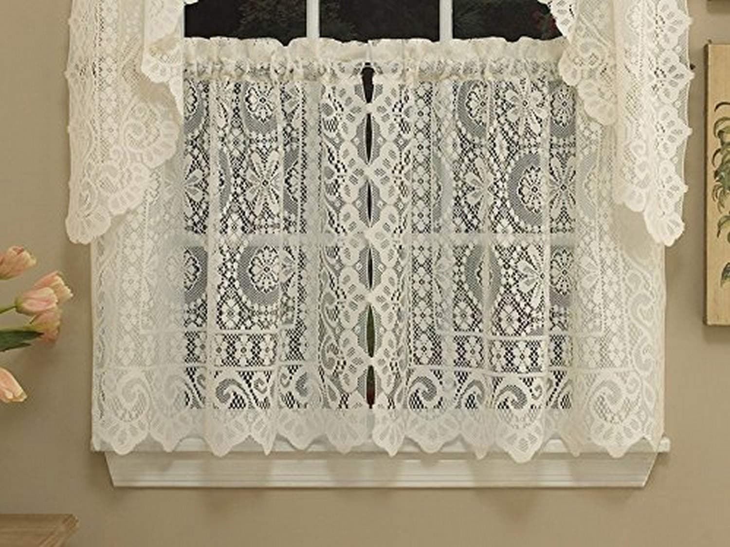 Sweet Home Collection Old World Style Floral Heavy Lace Kitchen Curtain, 24" Tier, Hopewell Cream