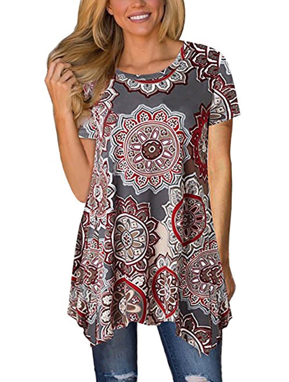Womens Short Sleeve Floral Print T-Shirt Crew Neck Swing Casual Tunic Tops Blouse (Large, Multi Gray)