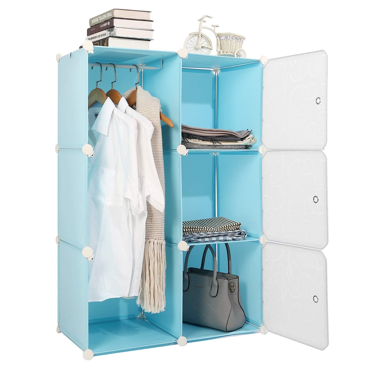 Portable Wardrobe Closet Bedroom Clothes Armoire Dresser Organizer Cube Storage Organizer (Blue, 6 Cube)