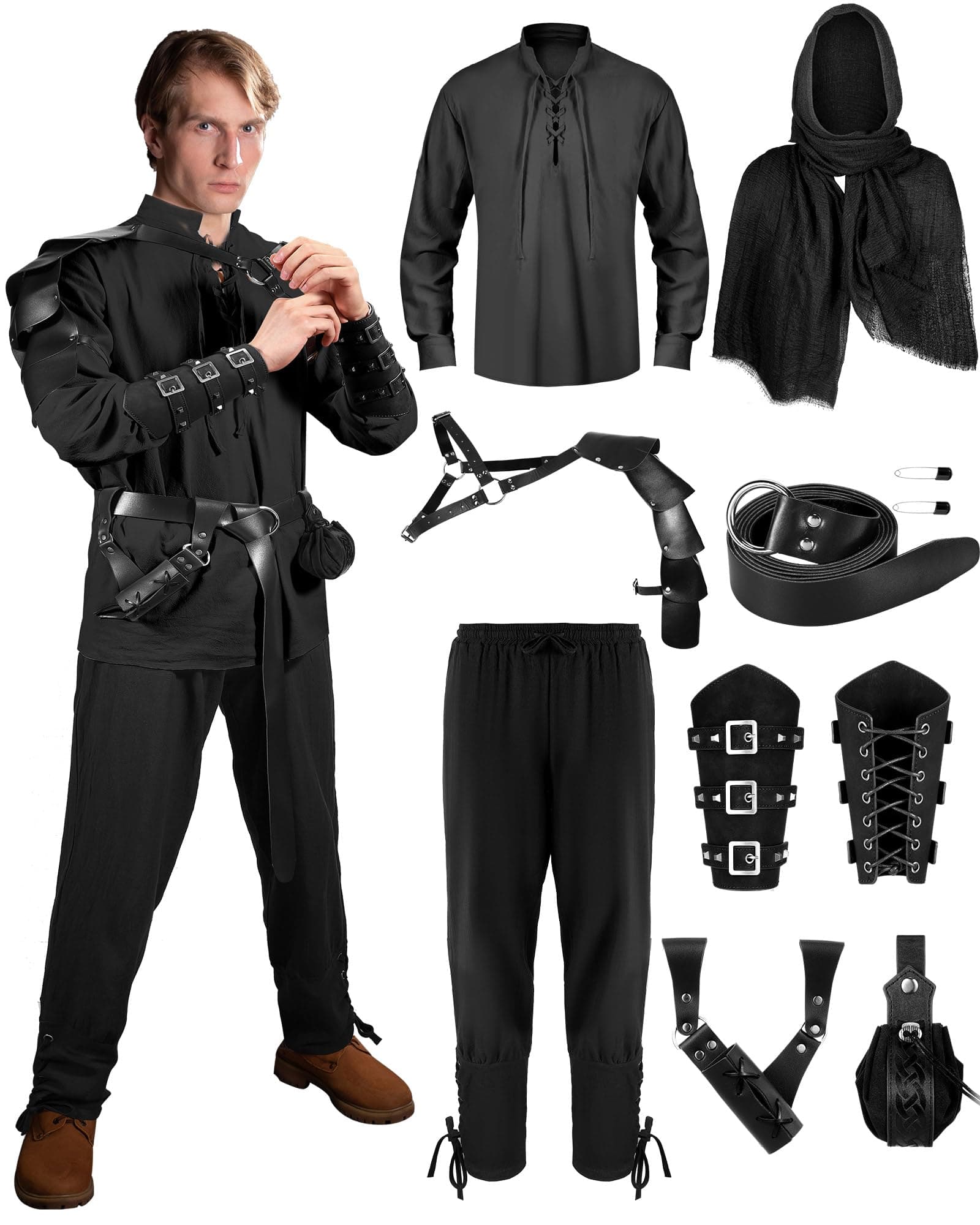 8 Pcs Men's Renaissance Costume Set Halloween Medieval Viking Shirt Pant Belt Cape Bracer Sword Bag